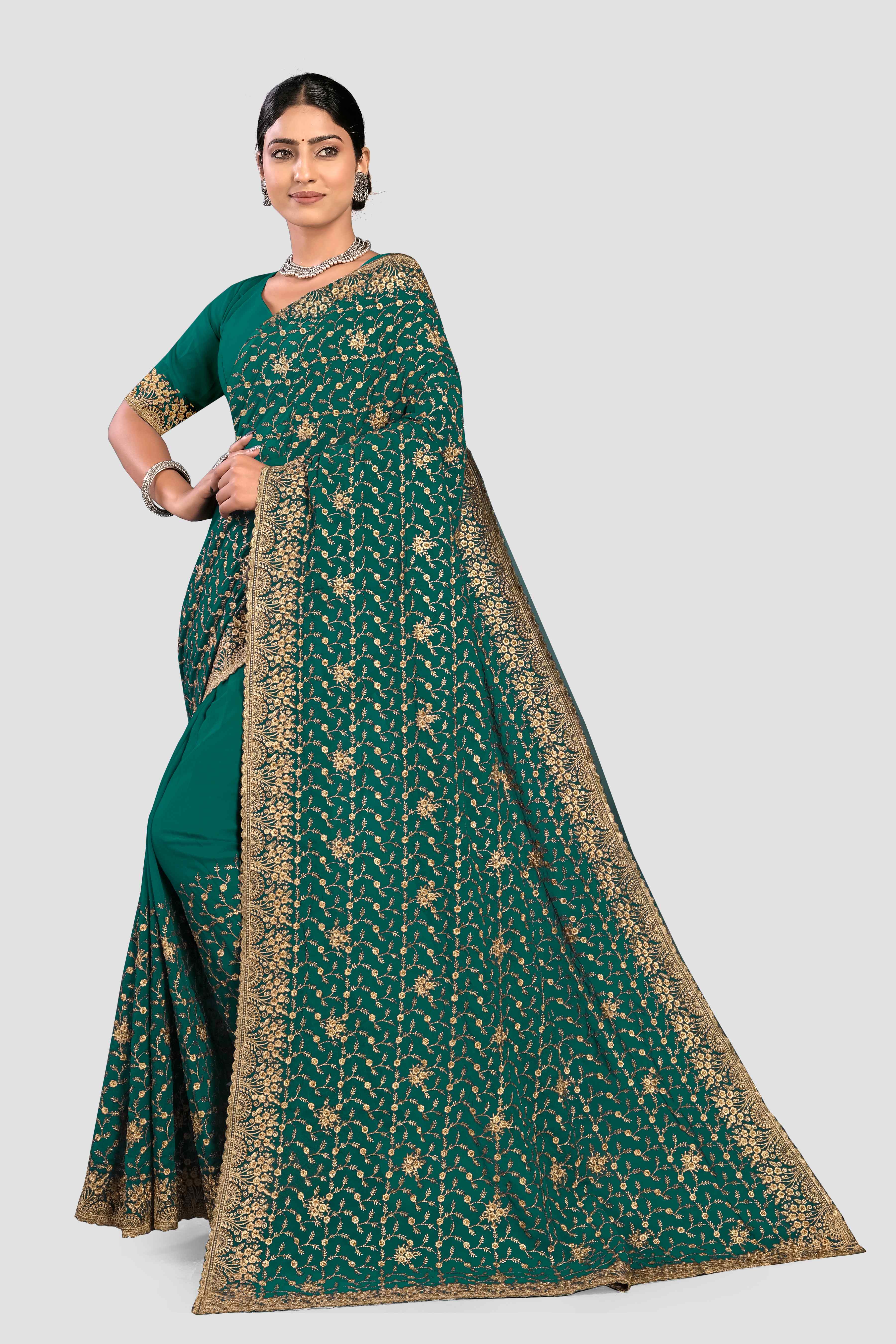 Peacock Green Stonework Georgette Saree 