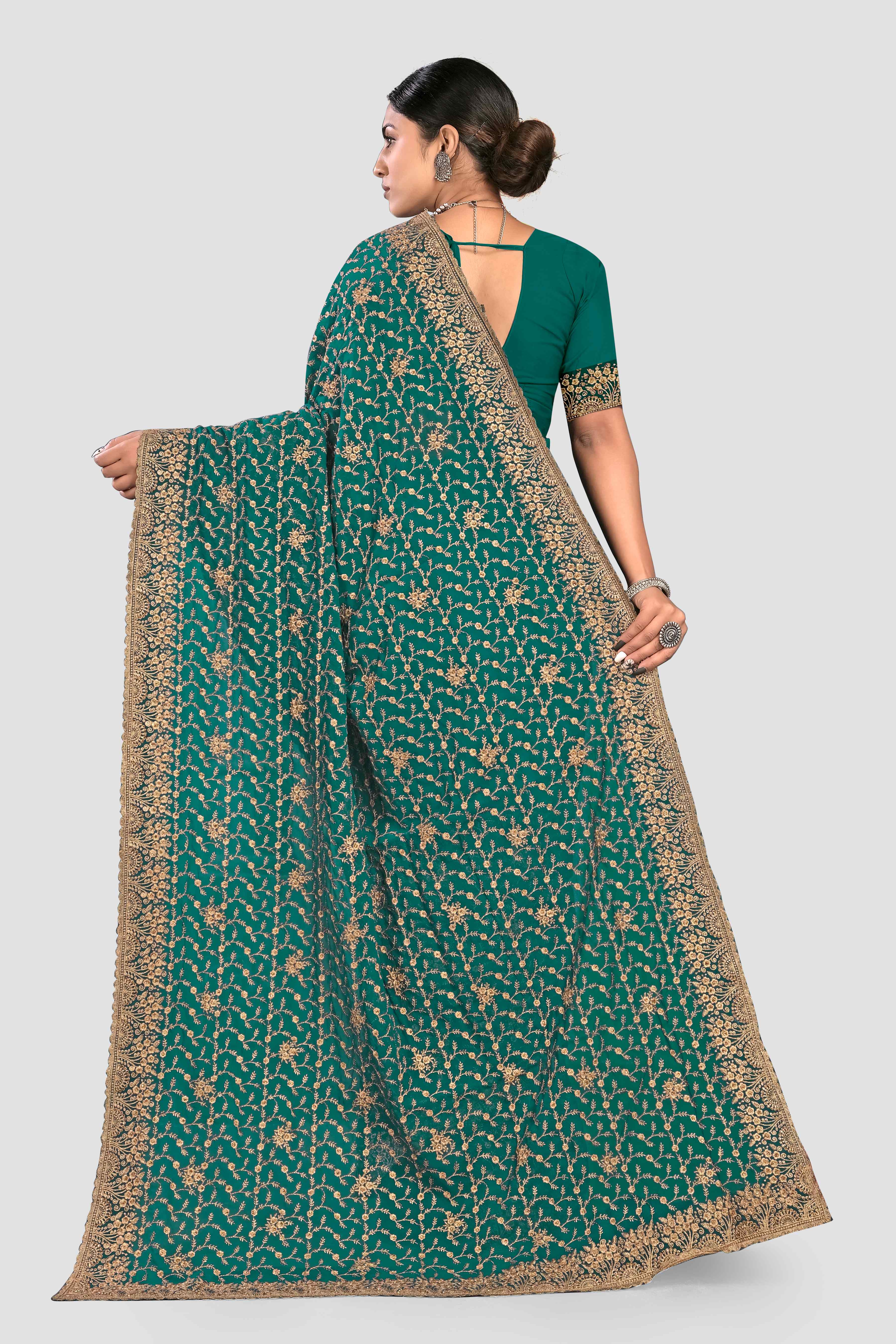 Peacock Green Stonework Georgette Saree - Kajree