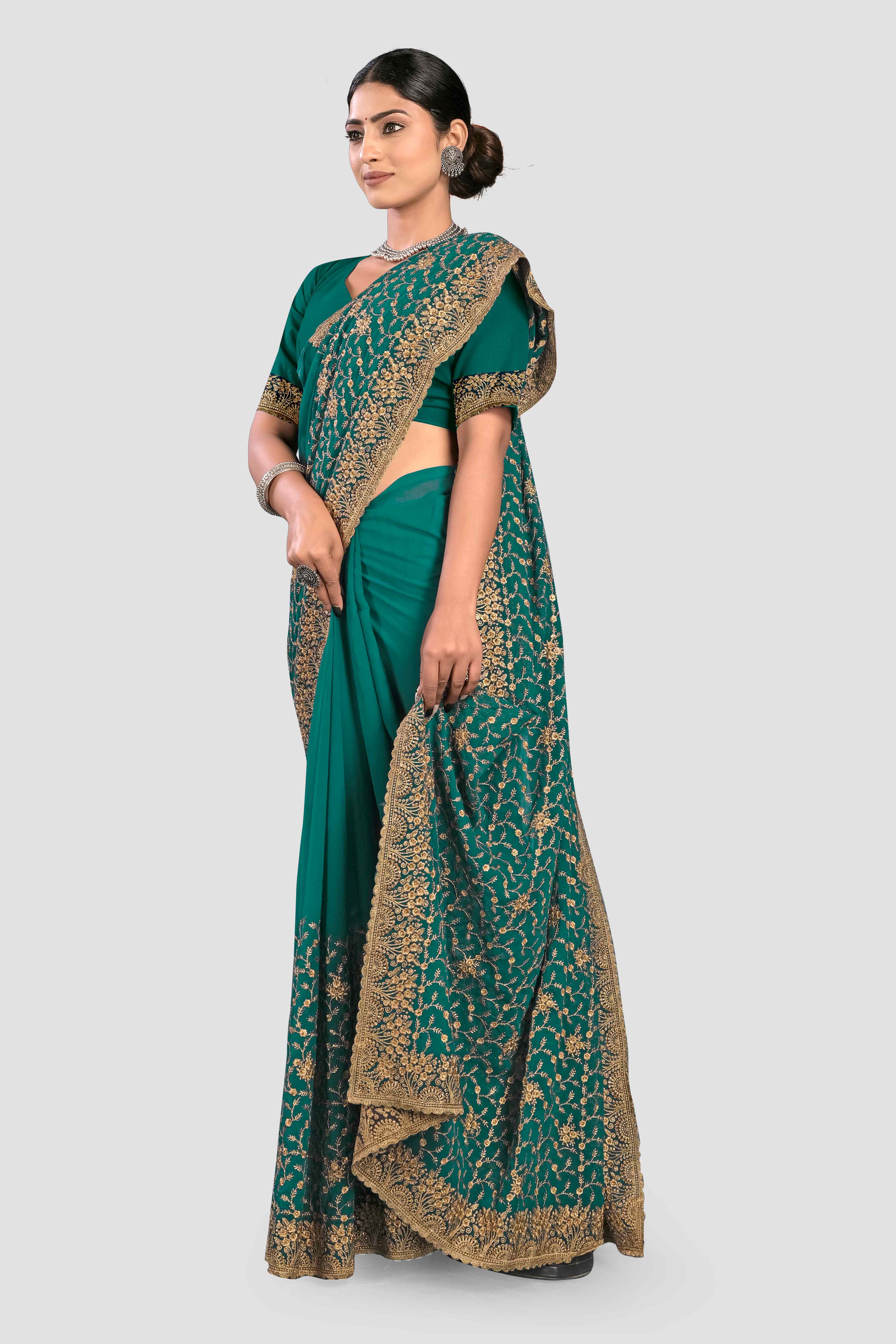Peacock Green Stonework Georgette Saree - Kajree