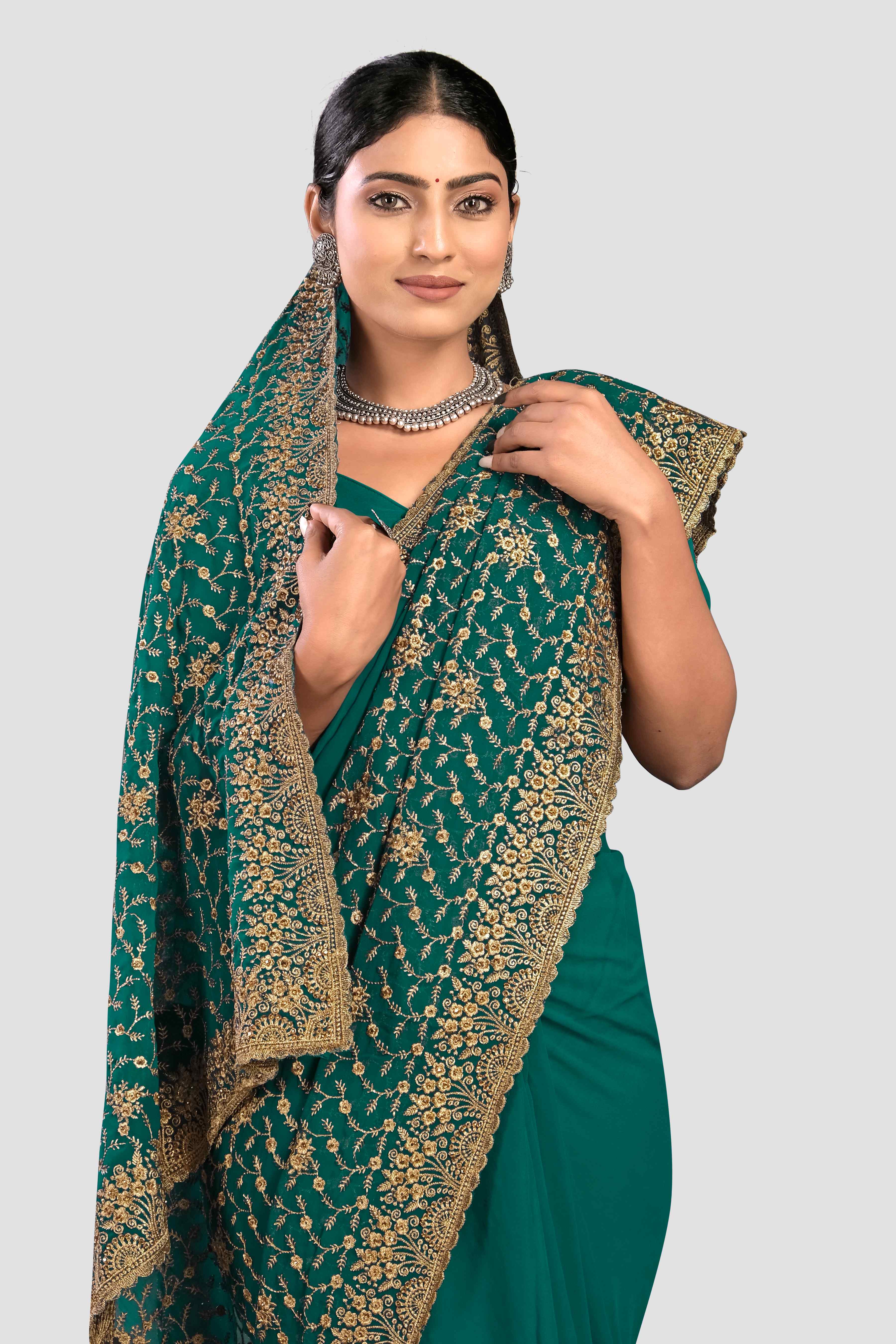 Peacock Green Stonework Georgette Saree - Kajree