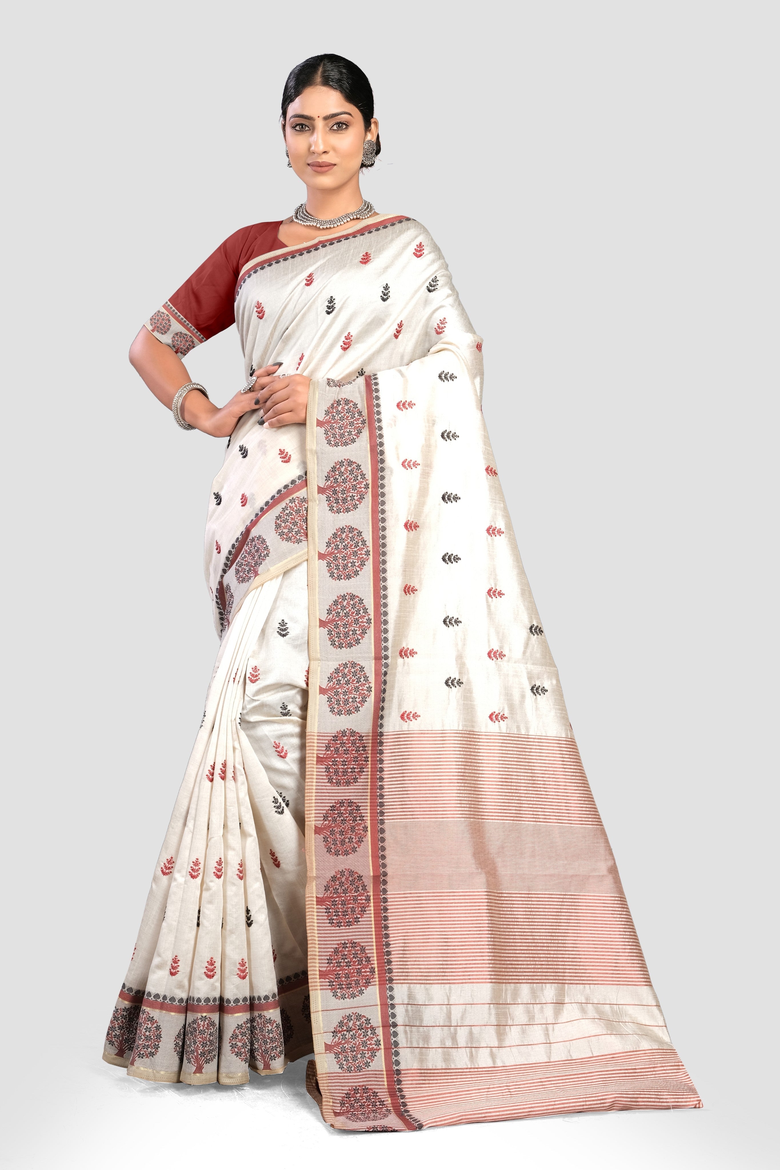 Cream Threadwork Semi Silk Saree 