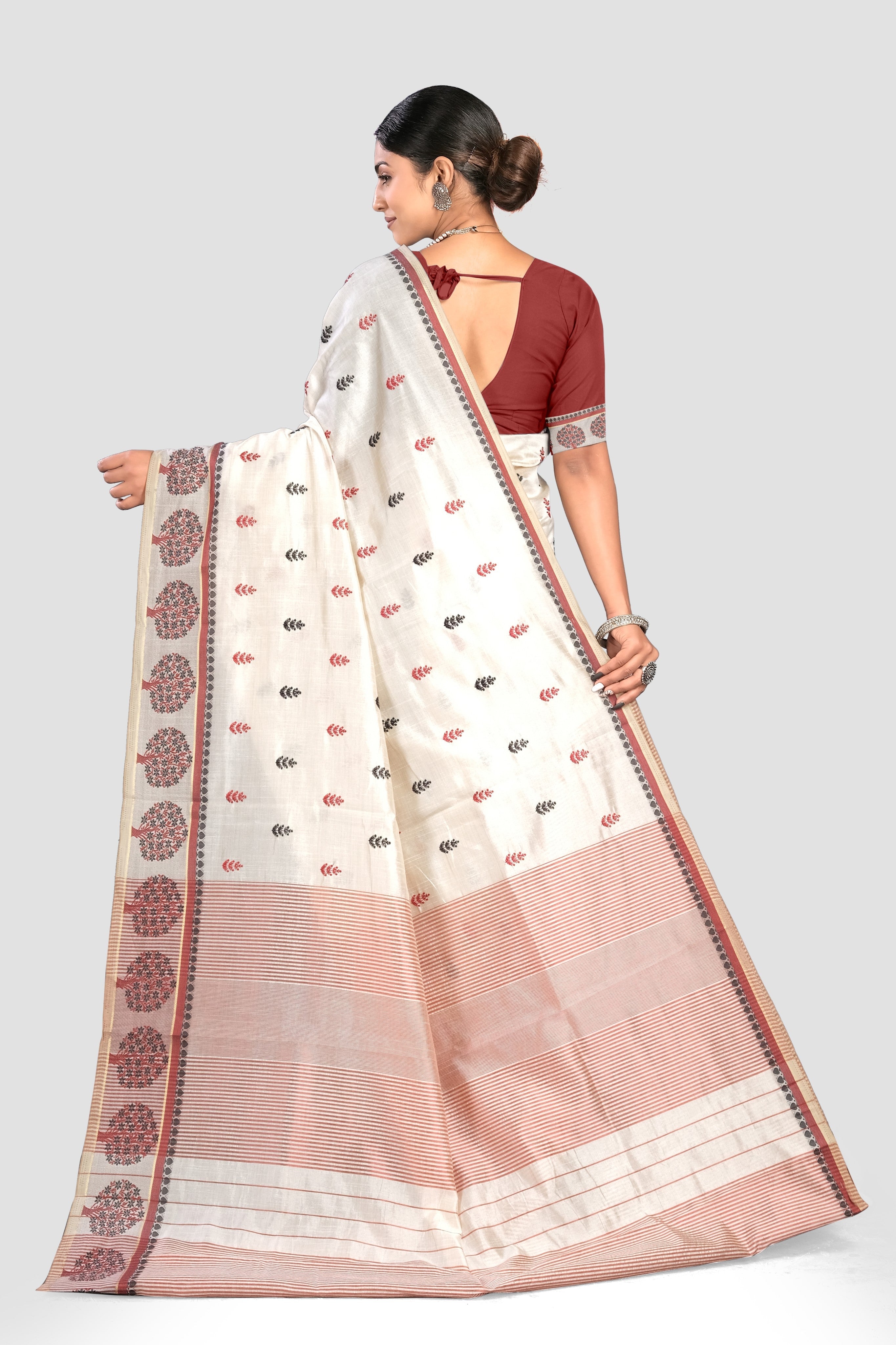 Cream Threadwork Semi Silk Saree 
