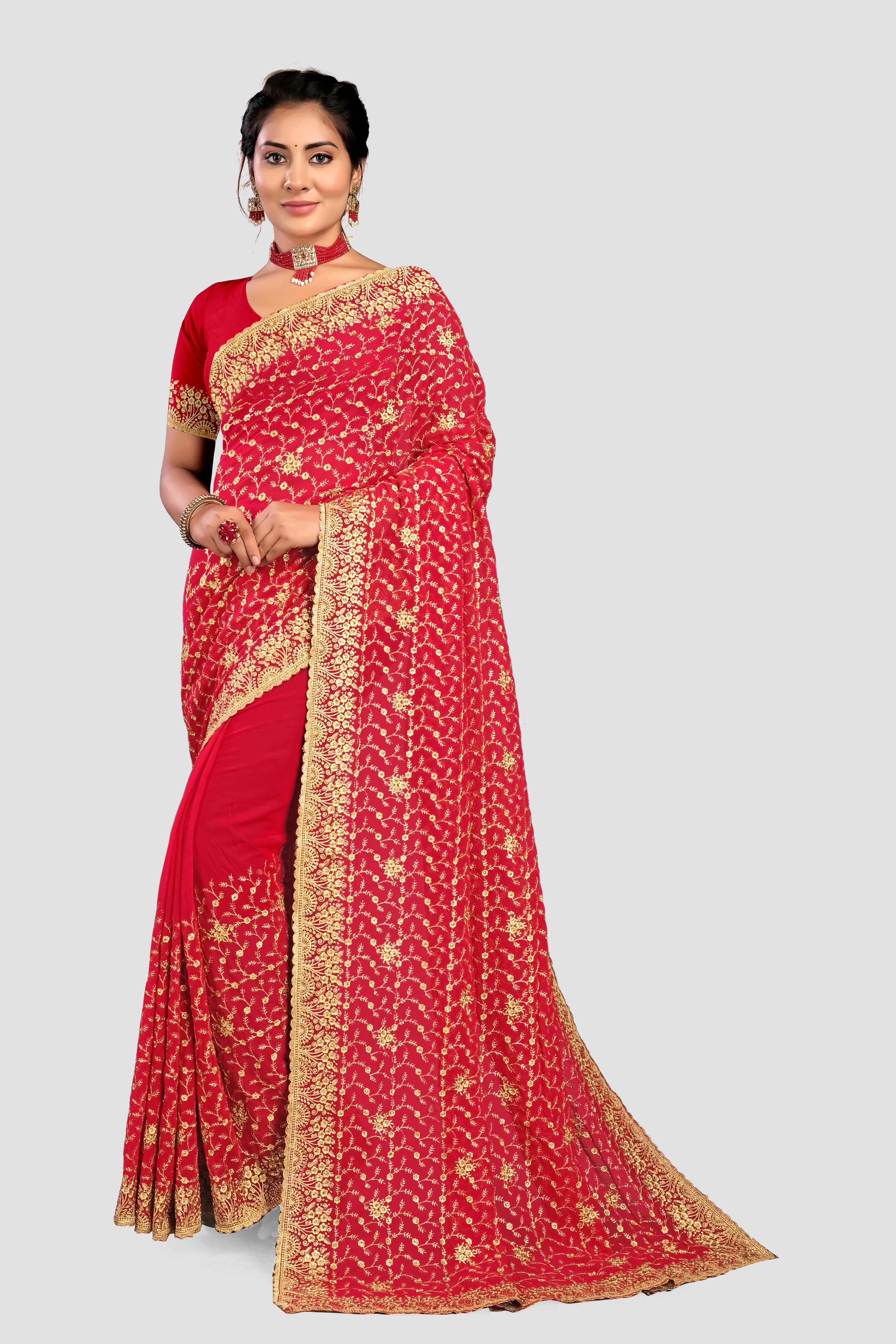 Red Stonework Georgette Saree - KAJREE