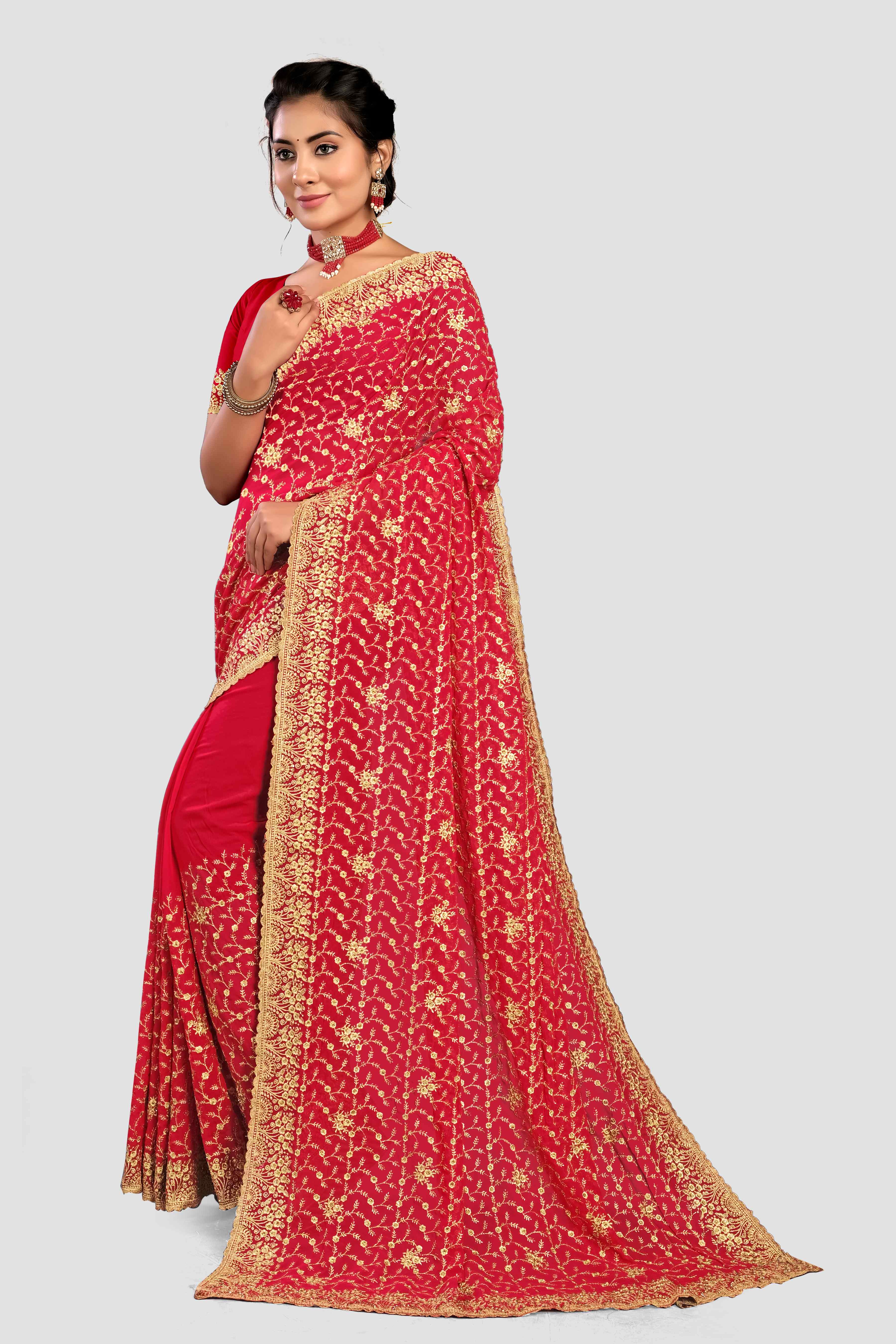 Red Stonework Georgette Saree - KAJREE