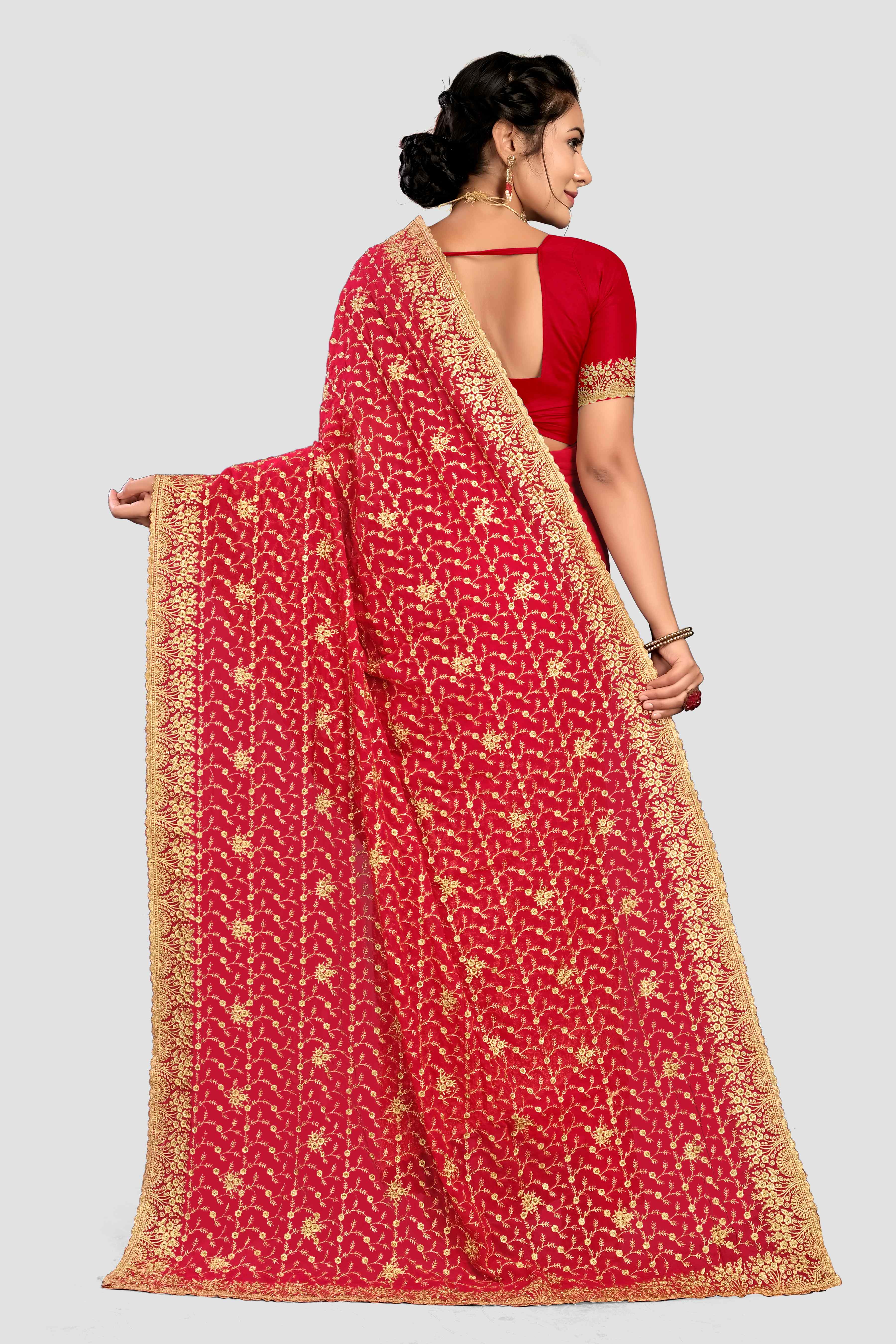 Red Stonework Georgette Saree - KAJREE