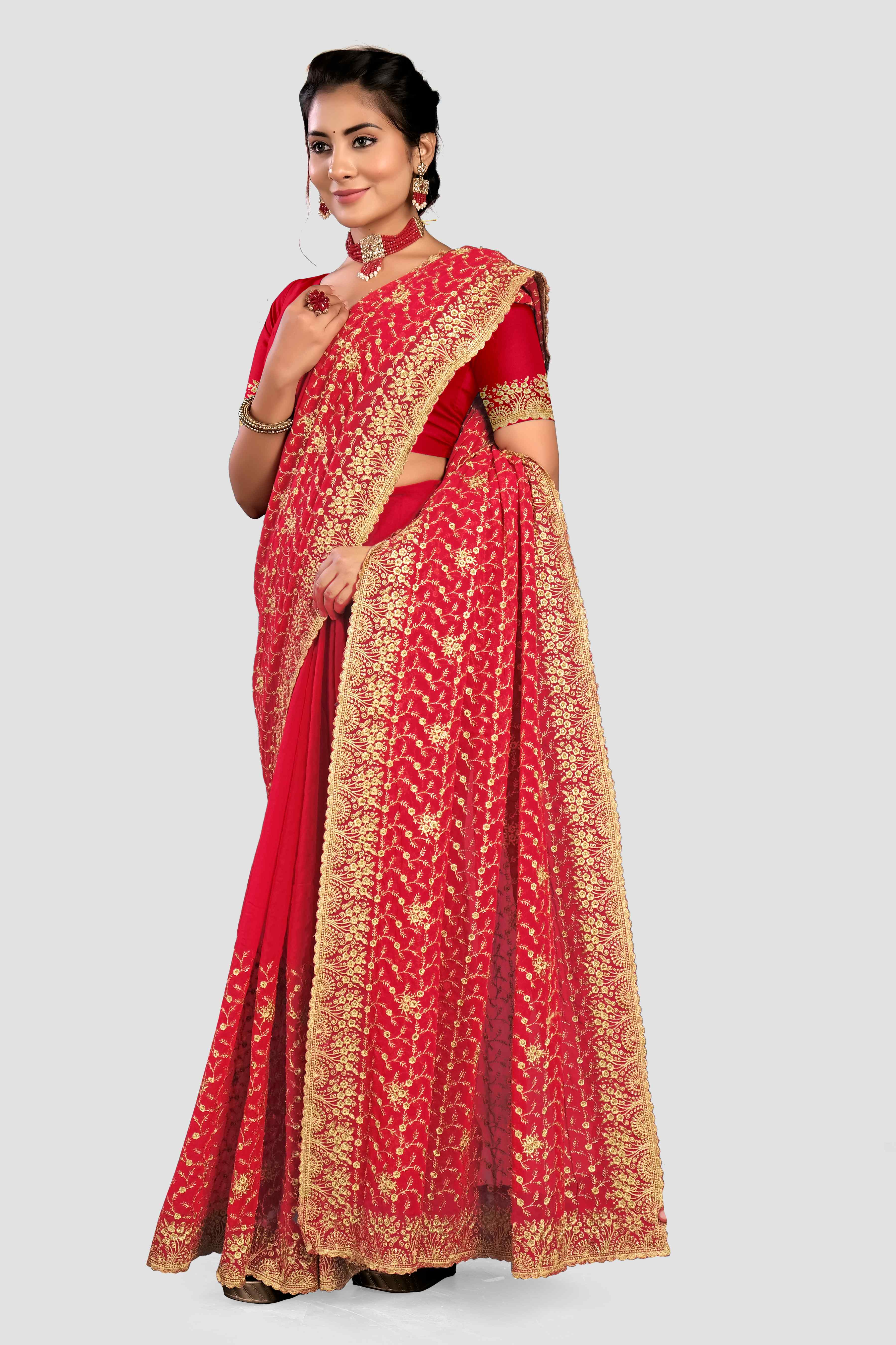 Red Stonework Georgette Saree - KAJREE