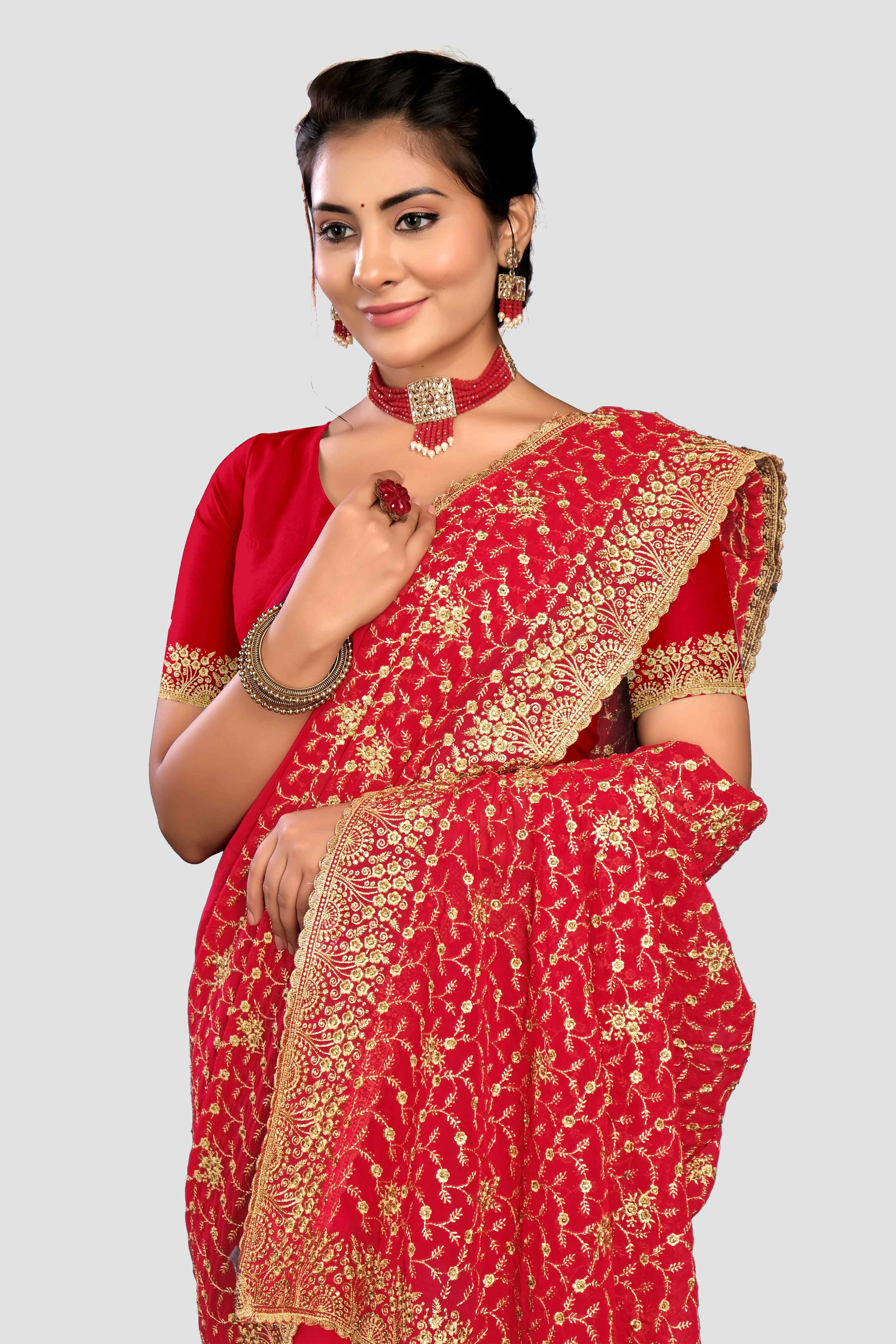 Red Stonework Georgette Saree - KAJREE