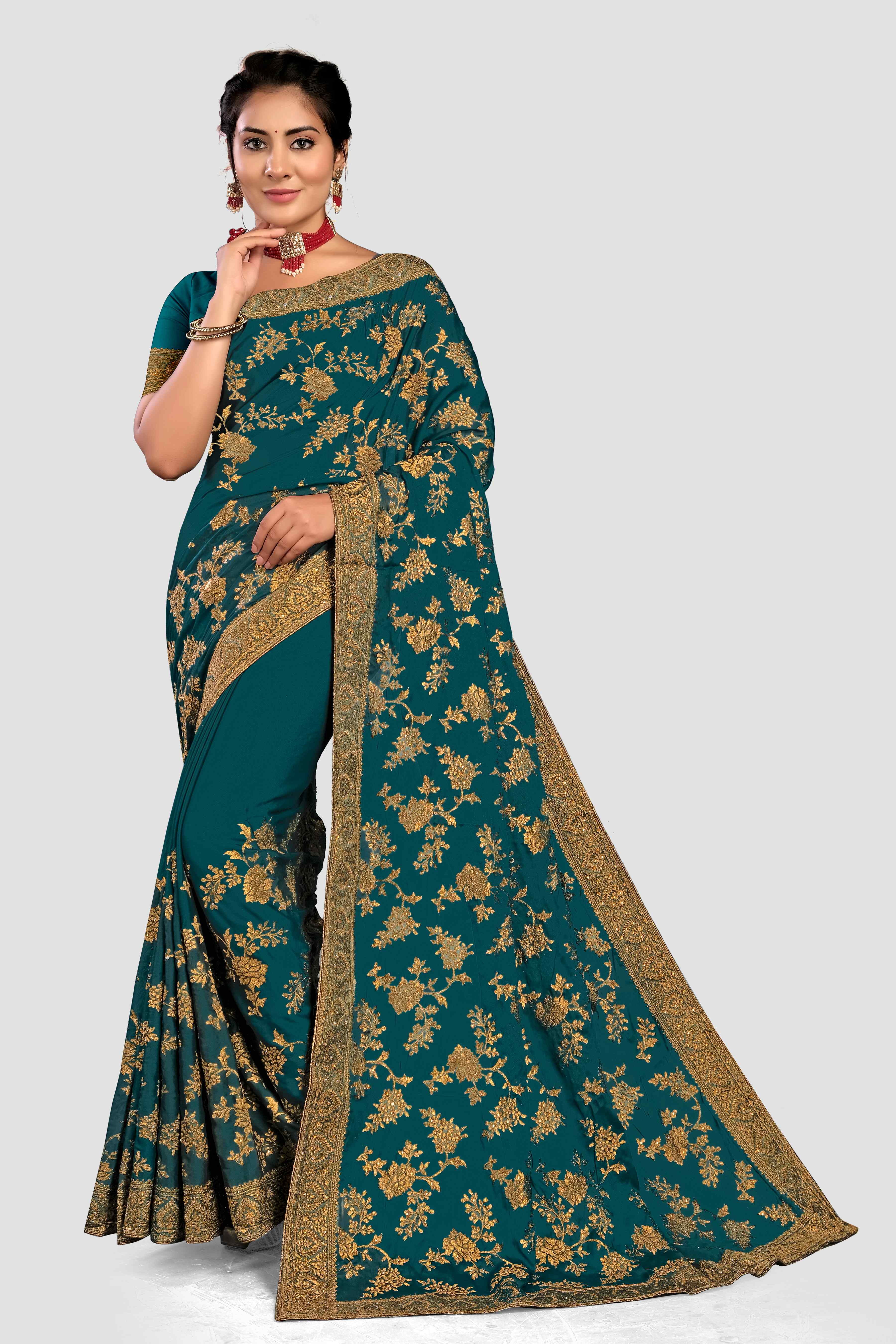 Green Stonework Chiffon Saree - Kajree