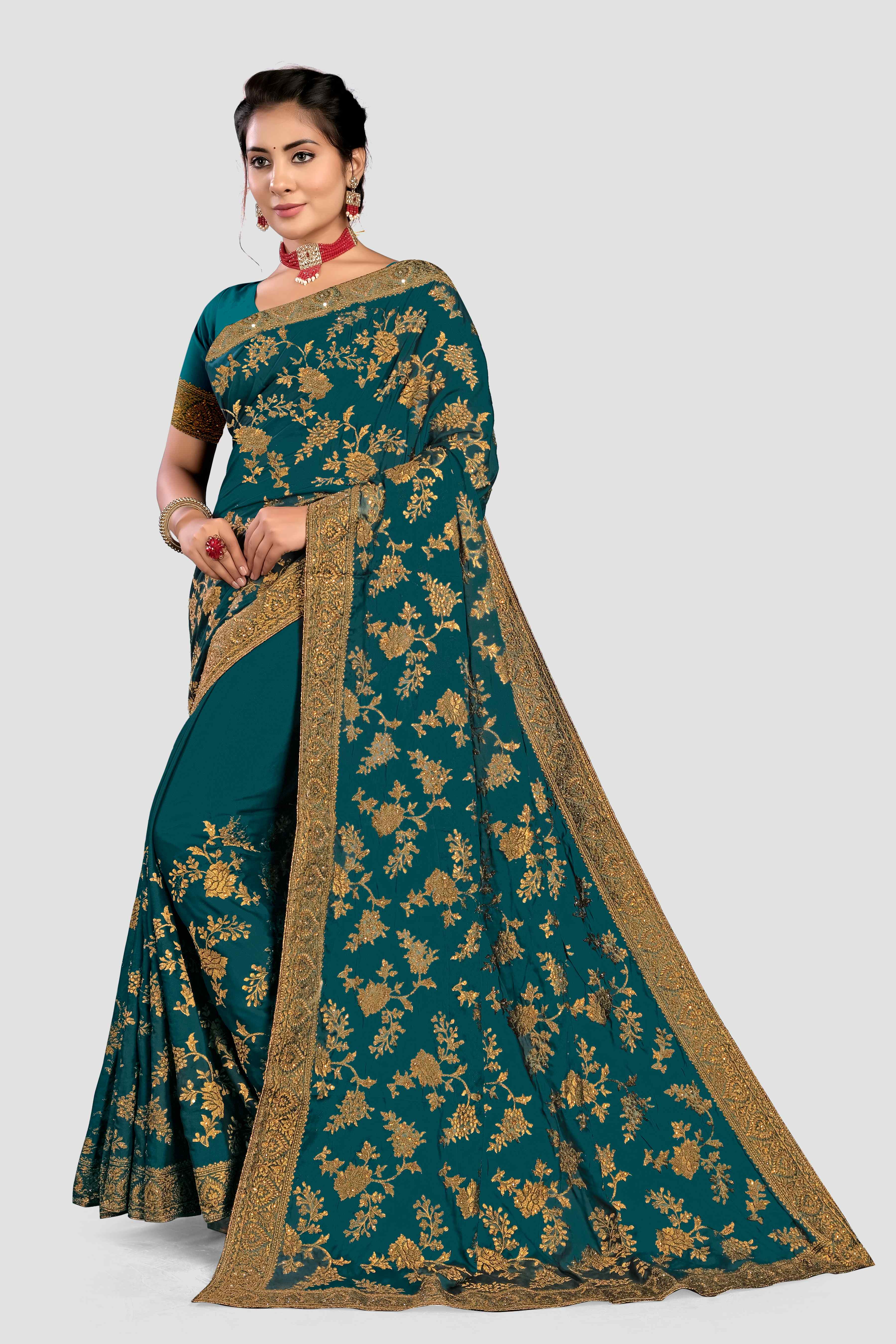 Green Stonework Chiffon Saree - Kajree