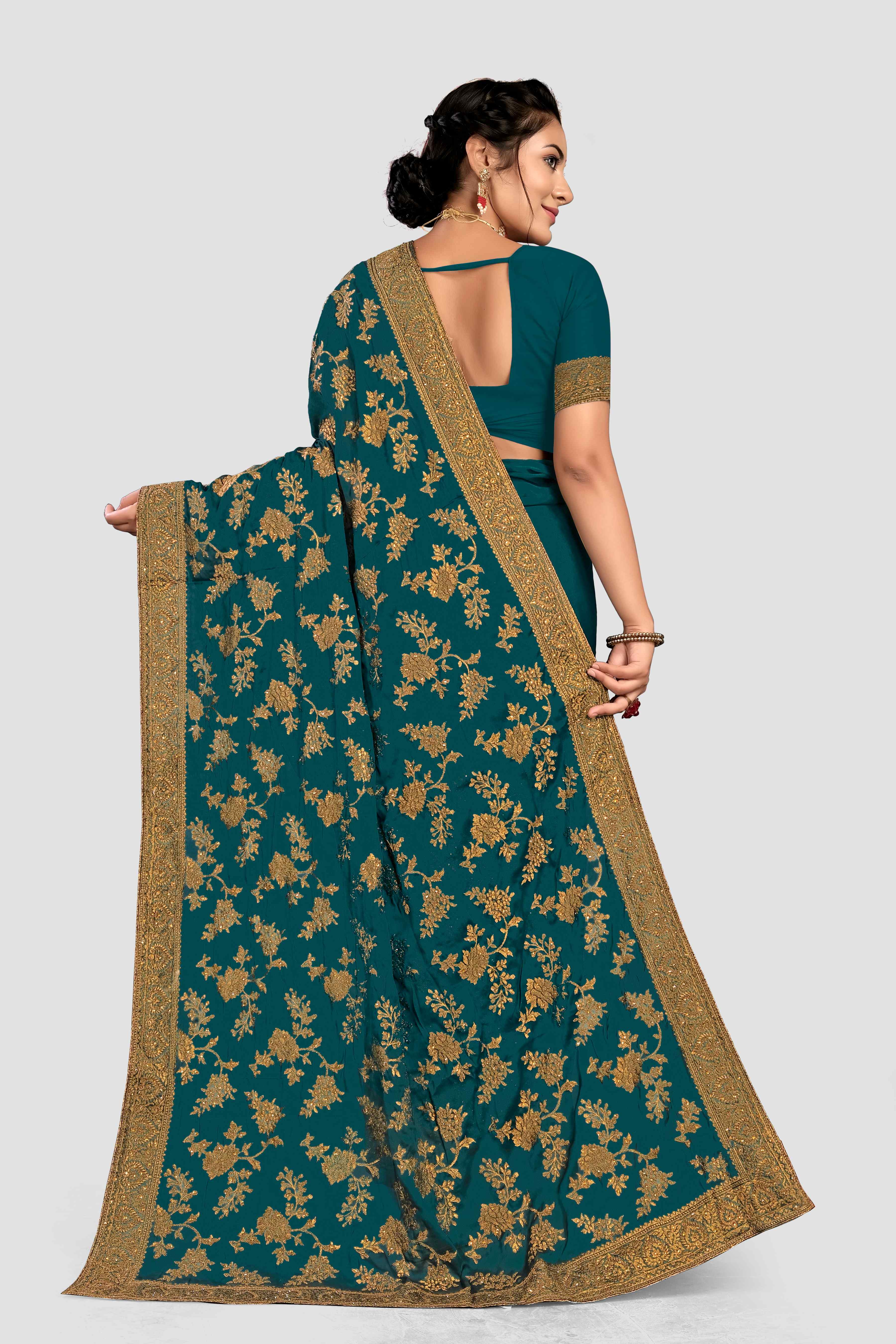Green Stonework Chiffon Saree - Kajree
