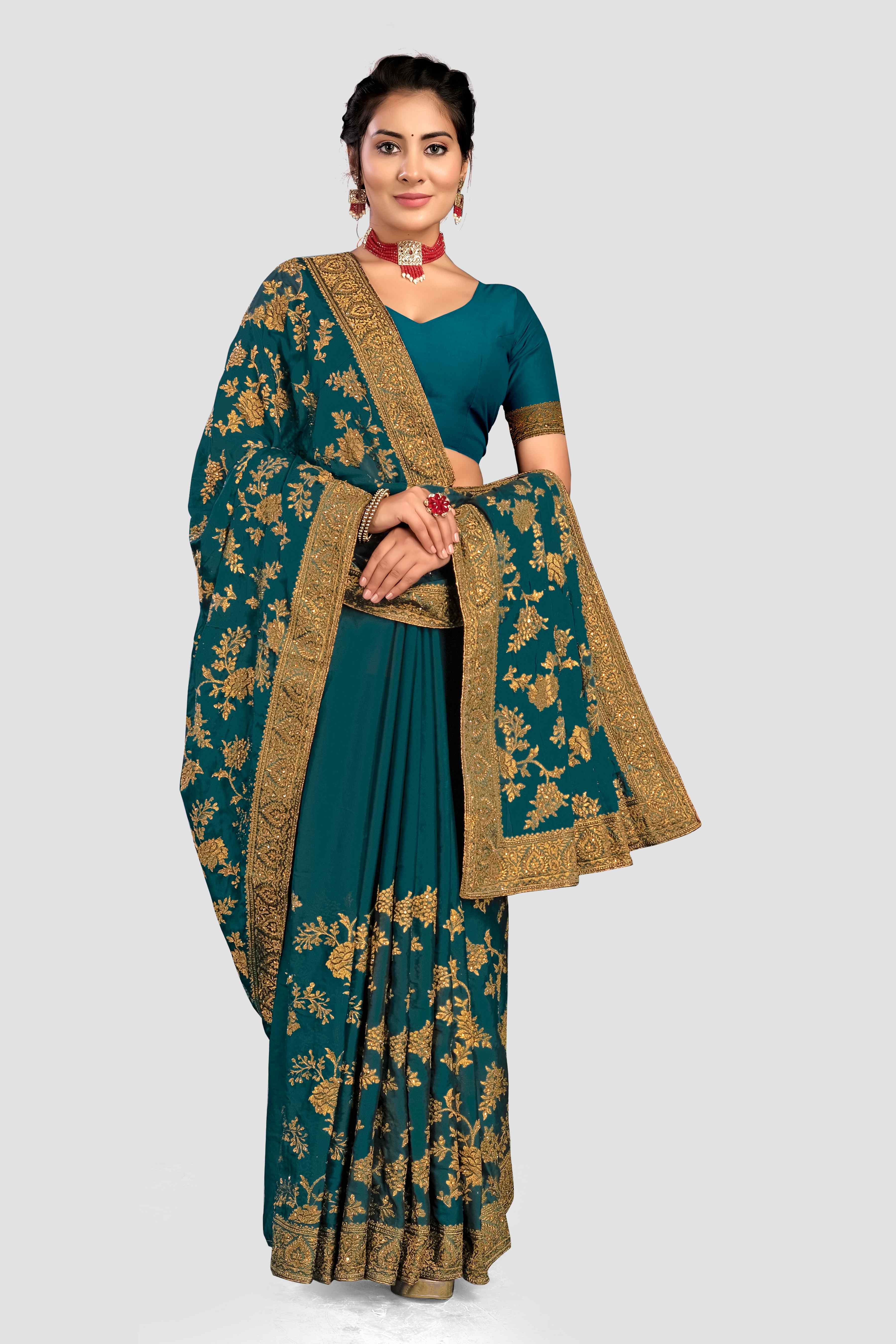 Green Stonework Chiffon Saree - Kajree
