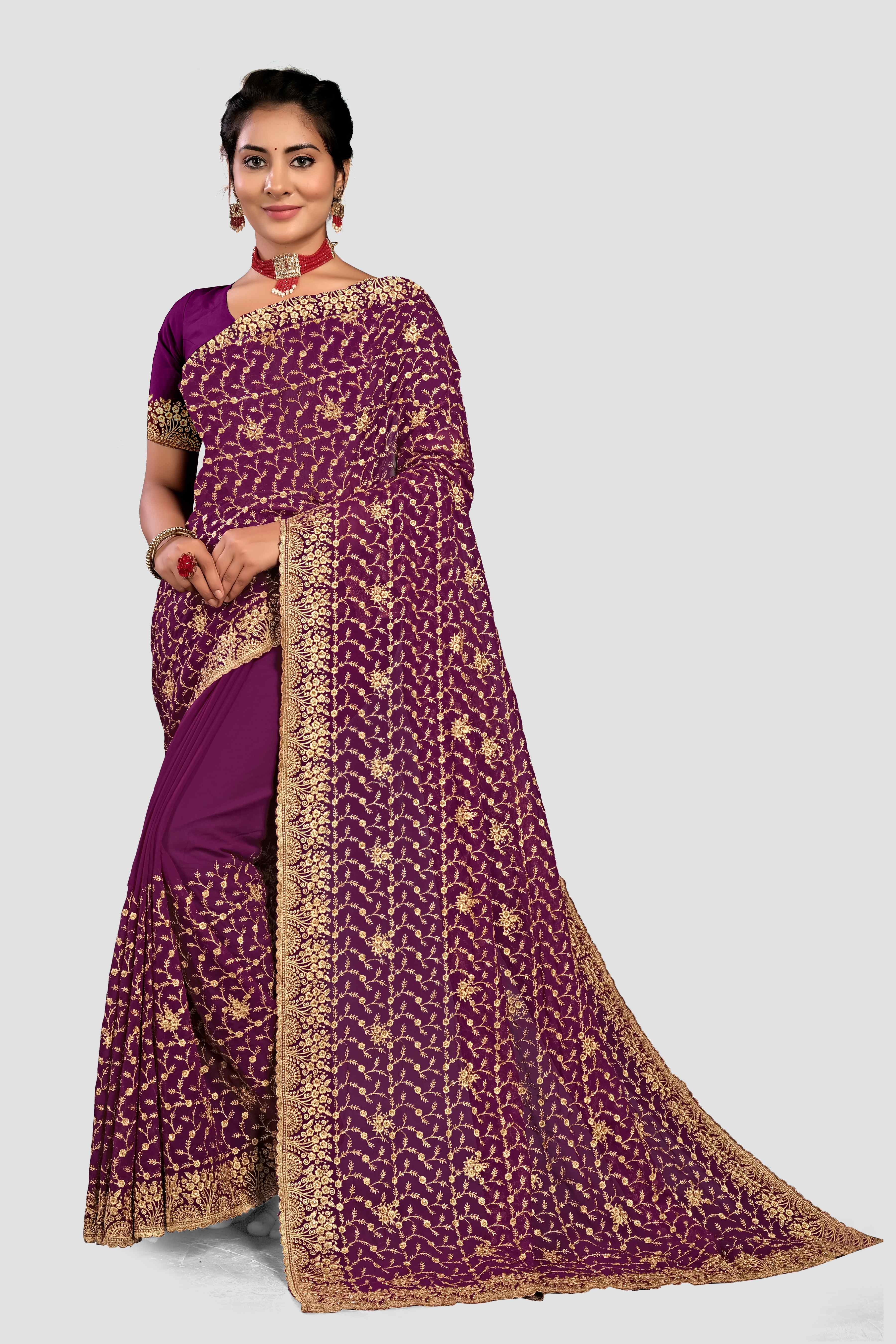 Wine Stonework Georgette Saree - kajree
