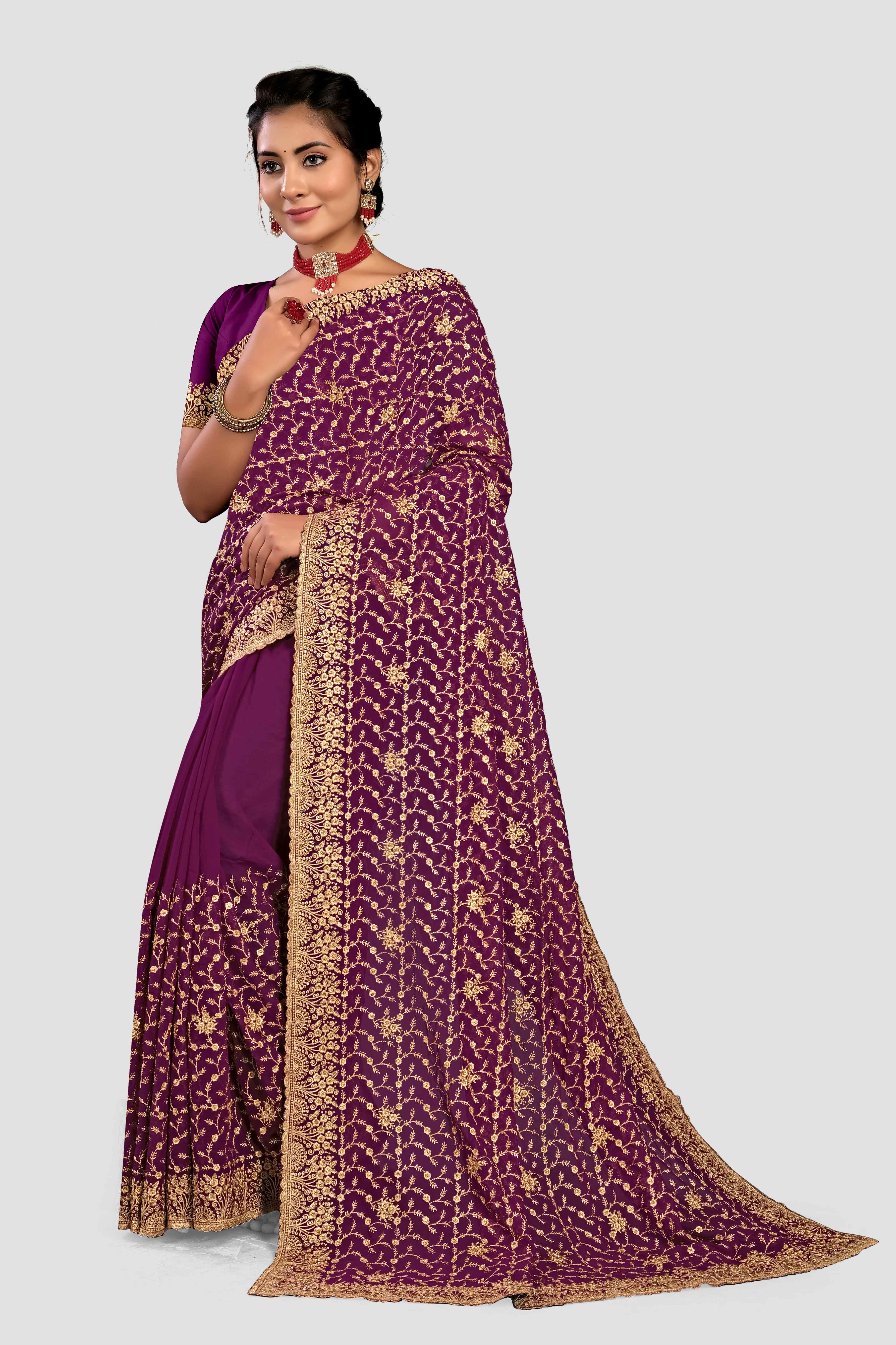Wine Stonework Georgette Saree - kajree