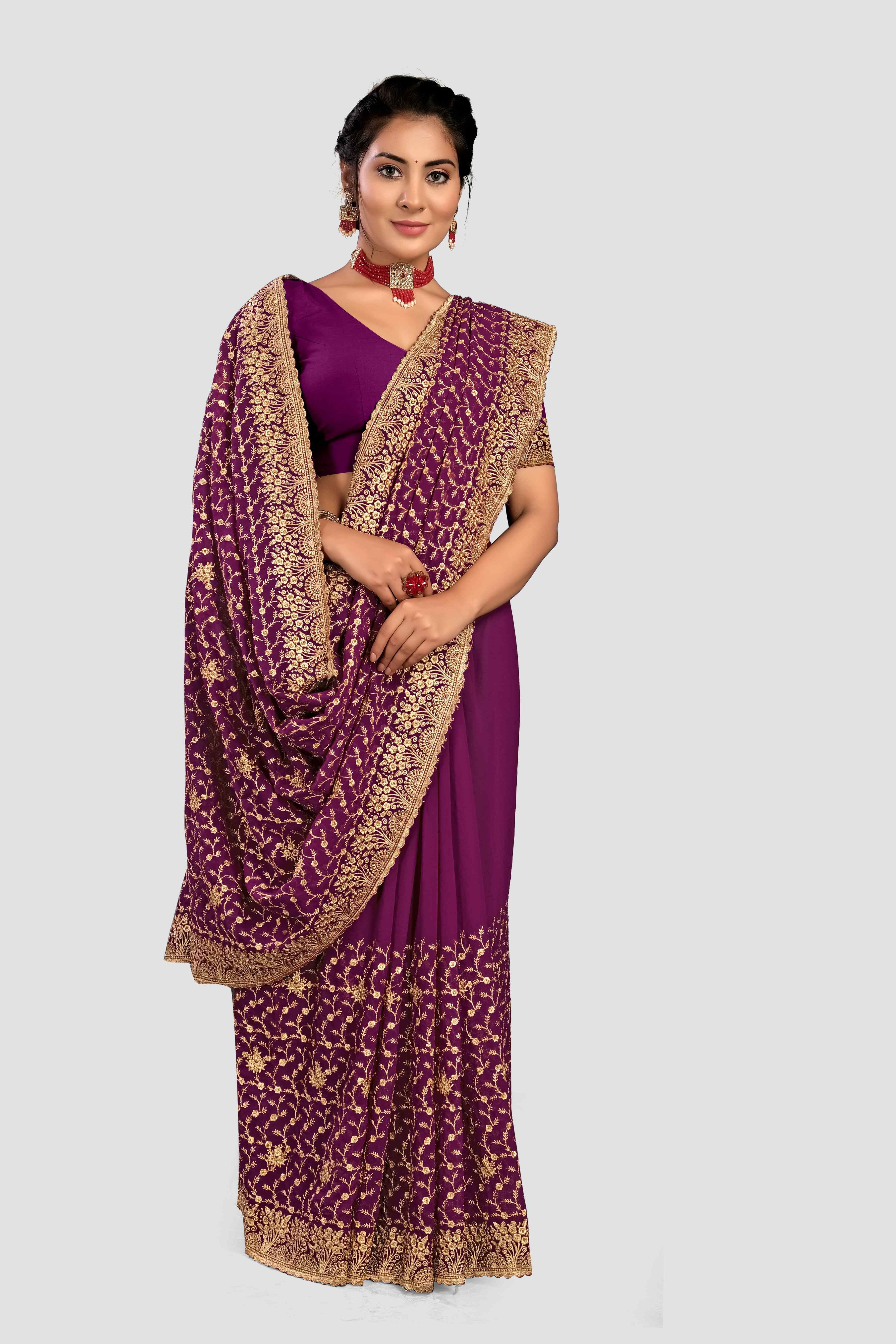 Wine Stonework Georgette Saree - kajree