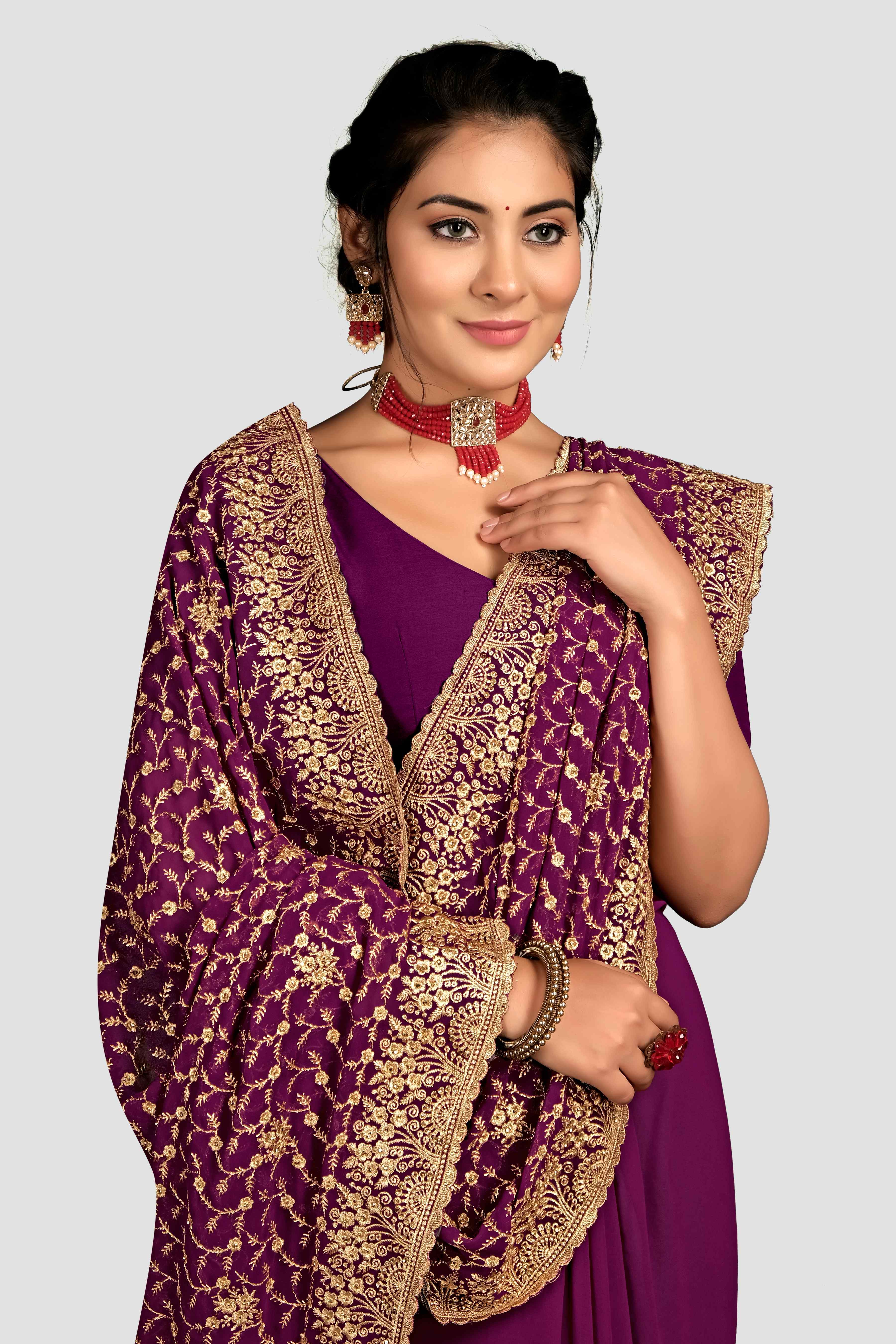 Wine Stonework Georgette Saree - kajree