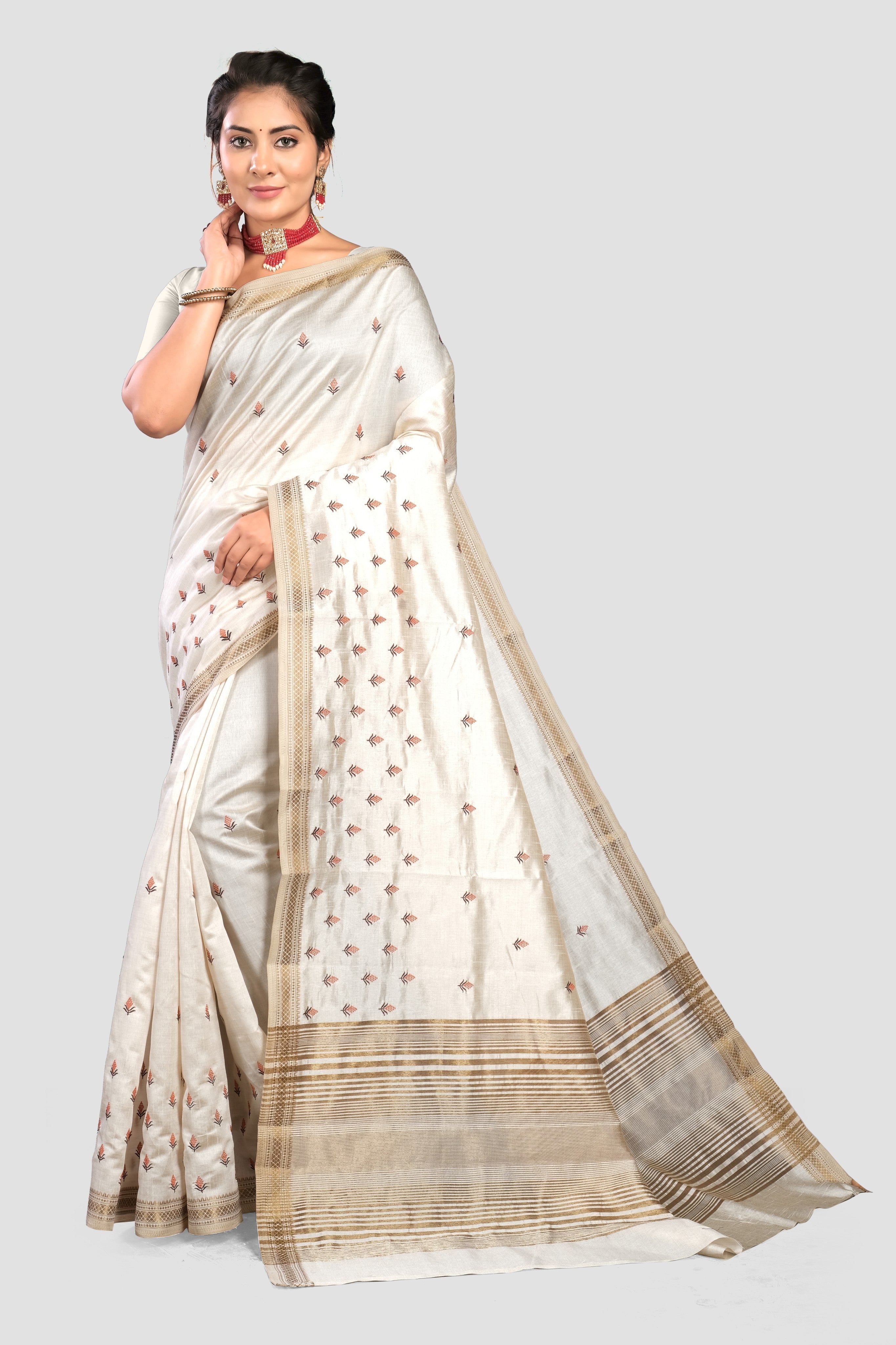 Cream Threadwork Semi Silk Saree 