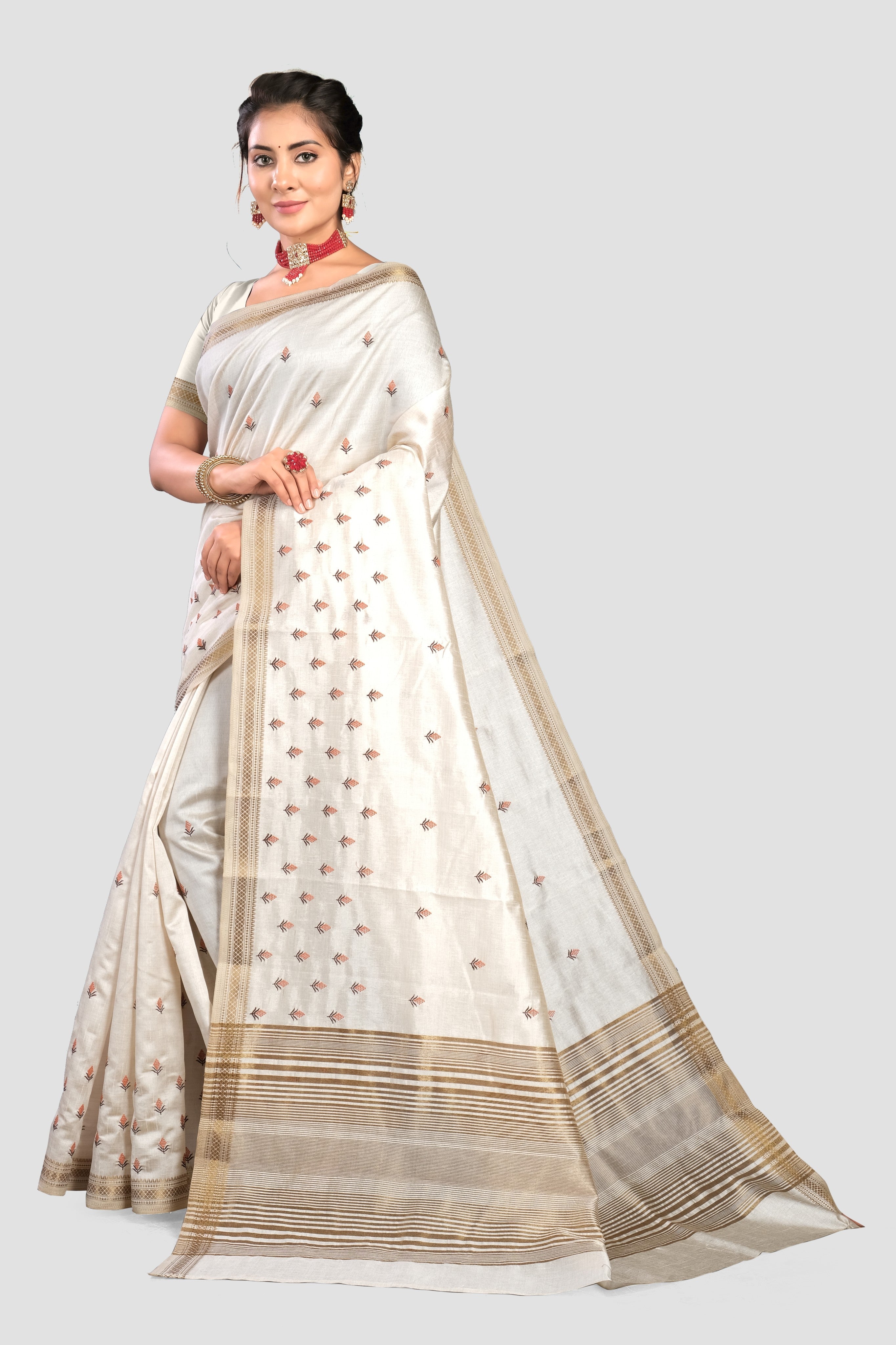Cream Threadwork Semi Silk Saree 