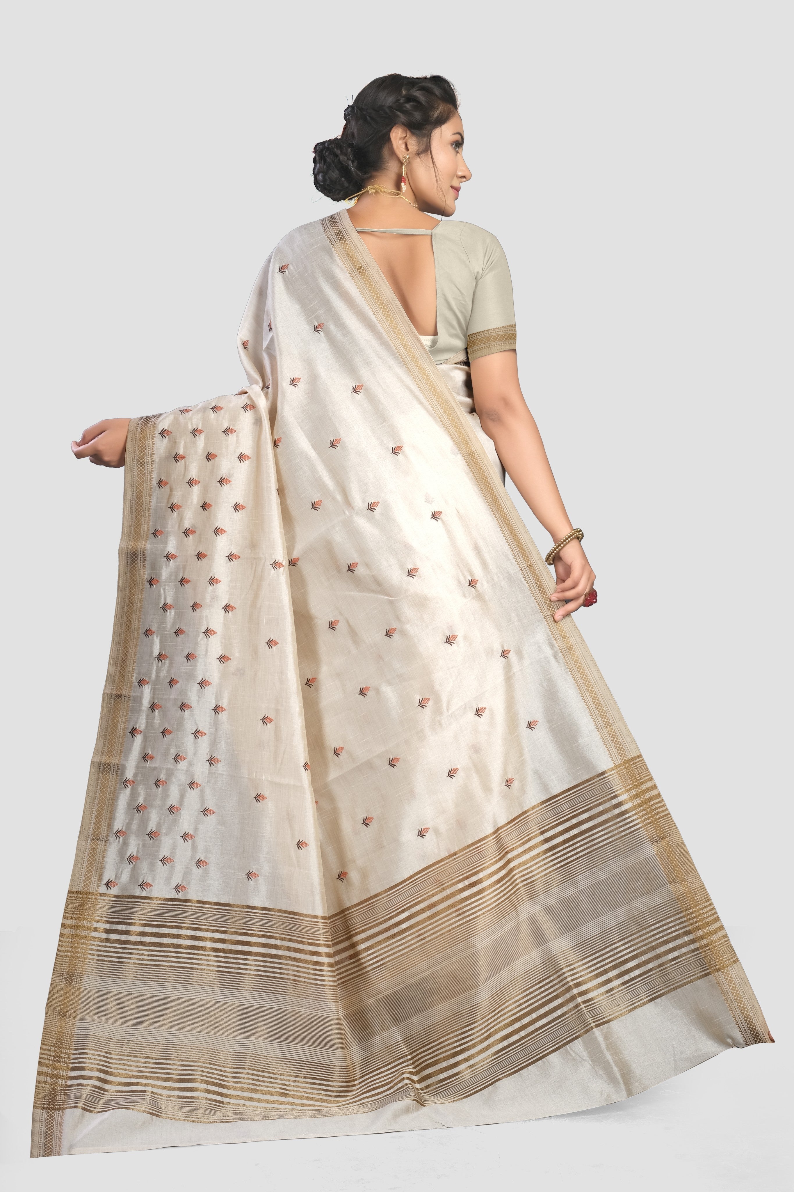 Cream Threadwork Semi Silk Saree  - Kajree