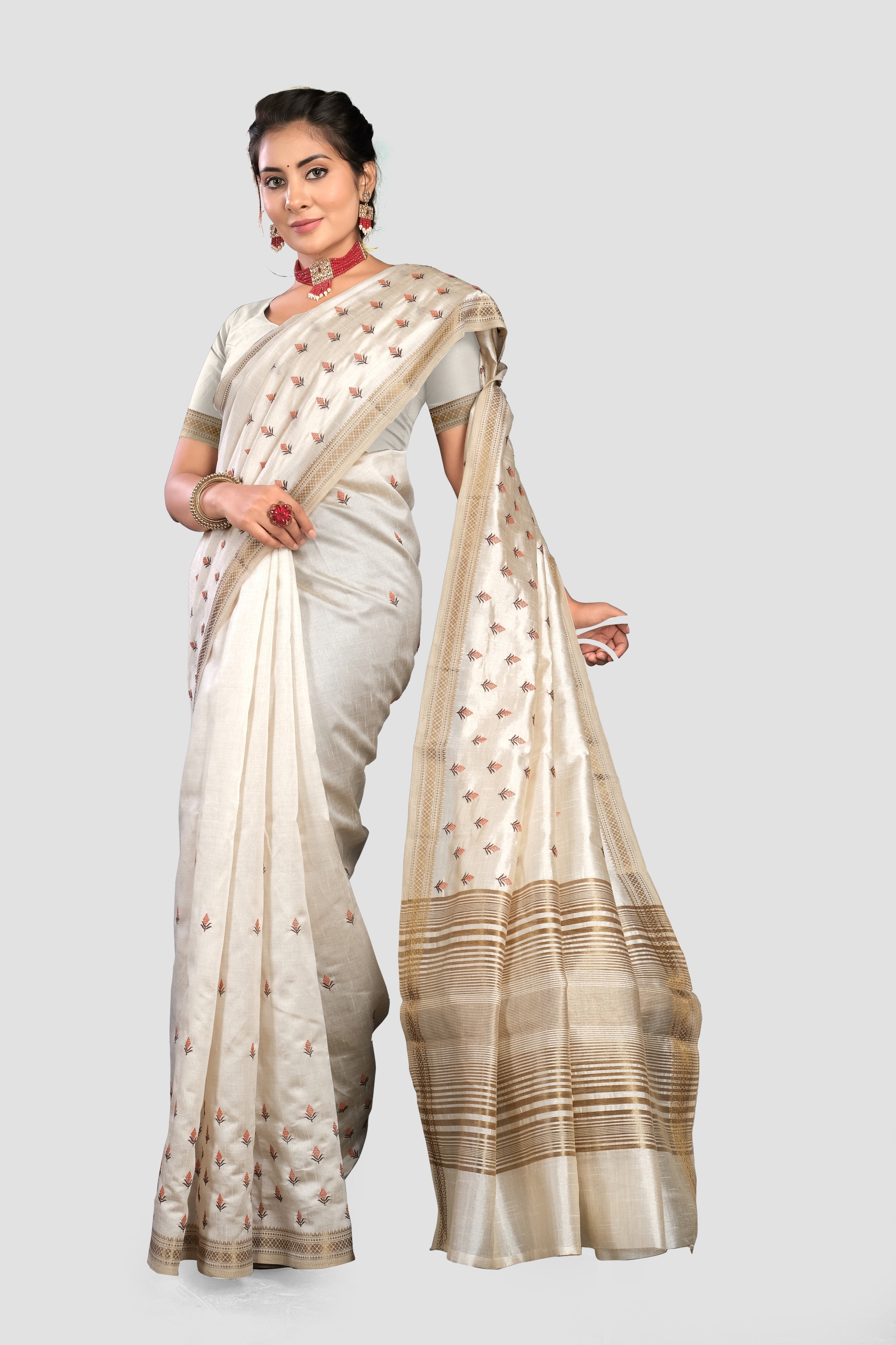Cream Threadwork Semi Silk Saree 