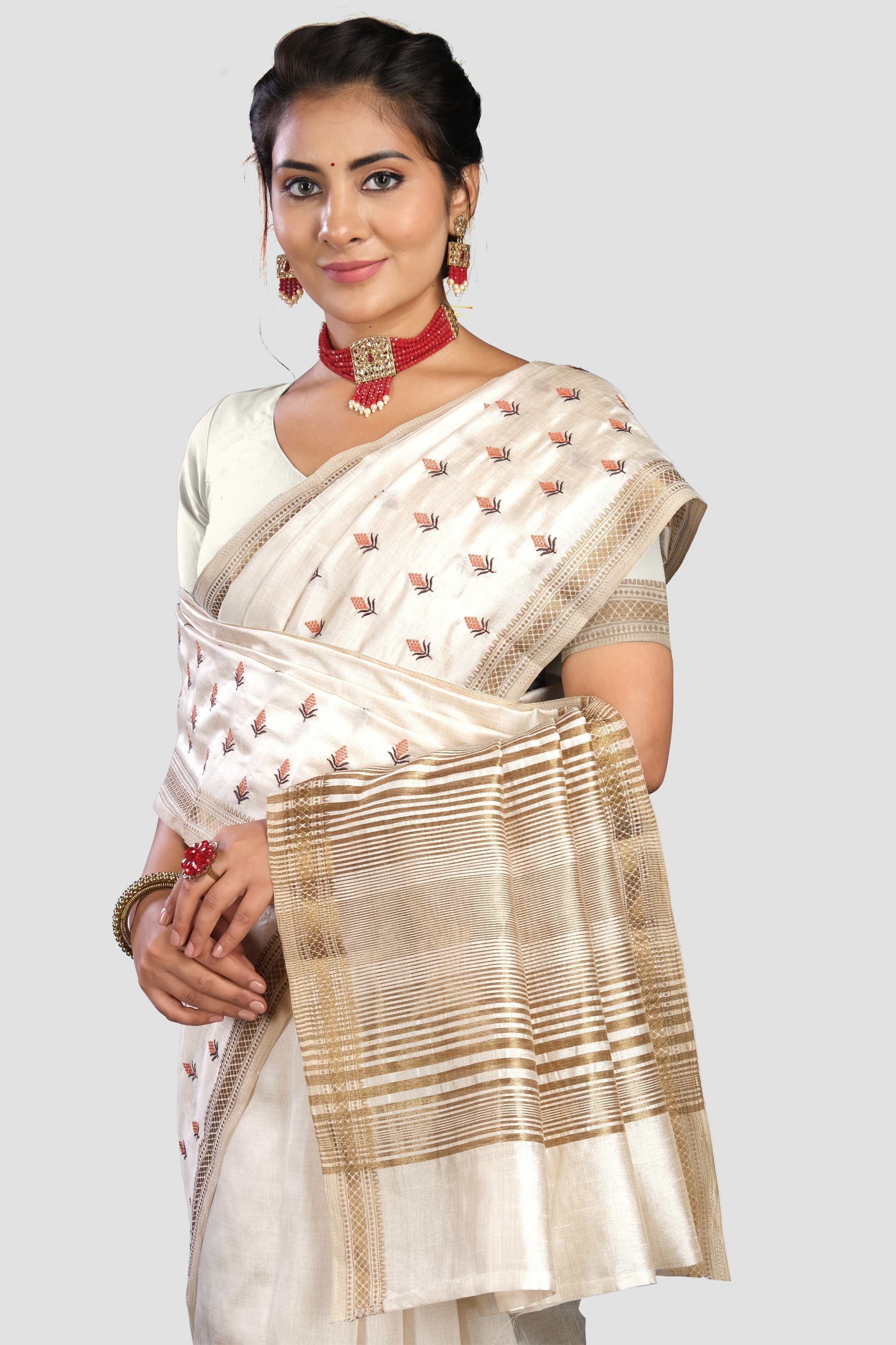 Cream Threadwork Semi Silk Saree 