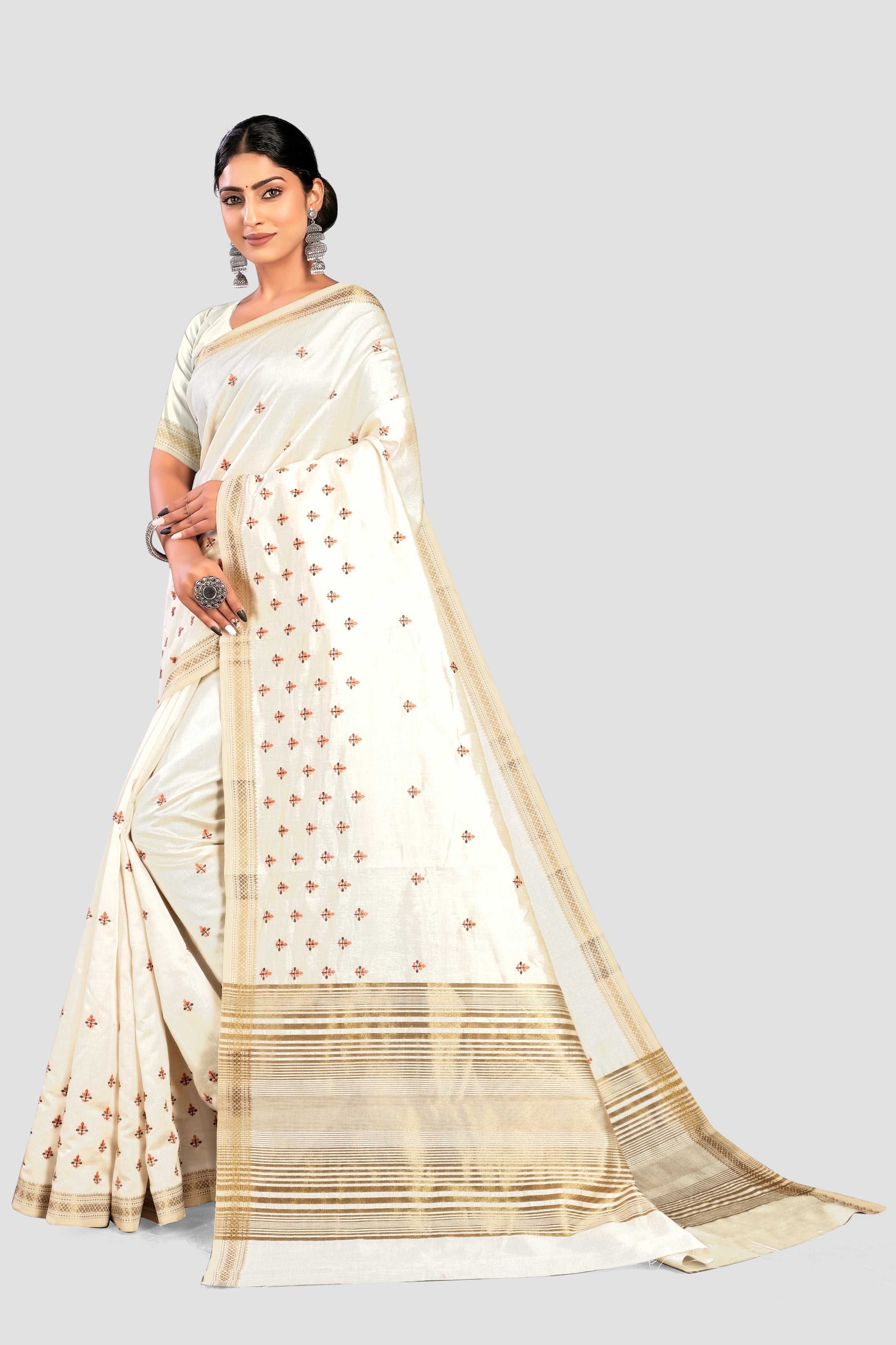 Cream Threadwork Semi Silk Saree 