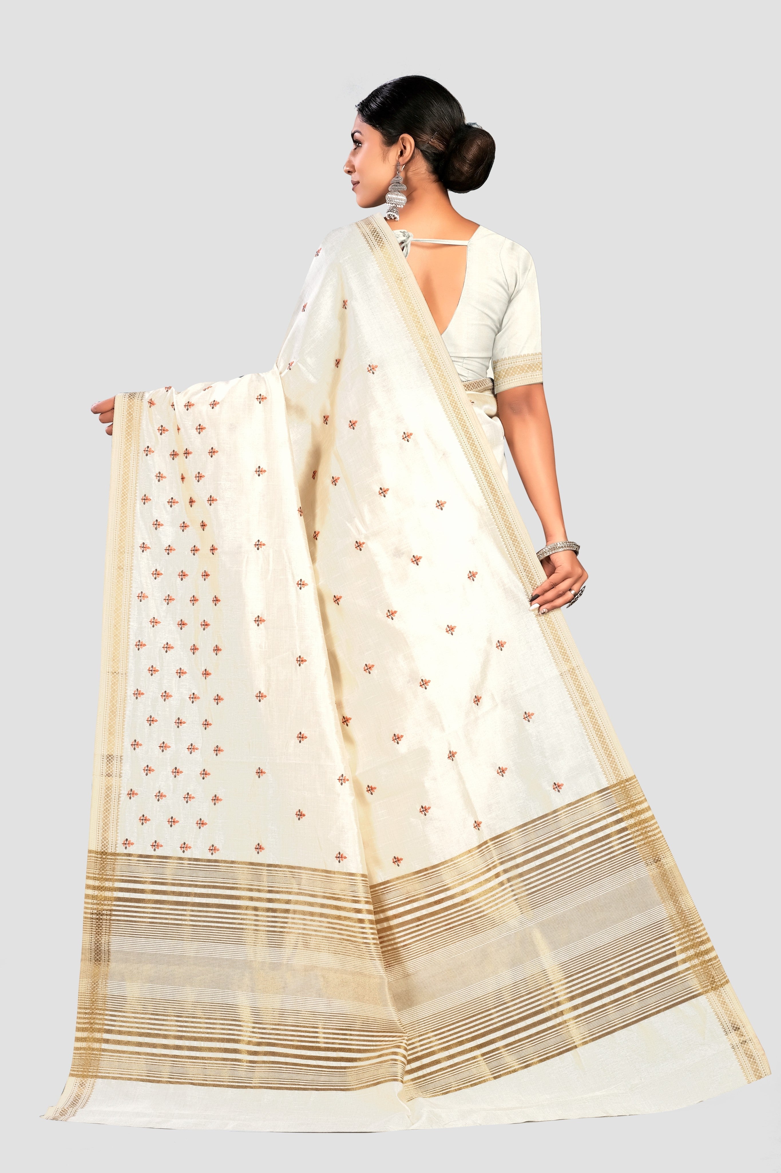 Cream Threadwork Semi Silk Saree 