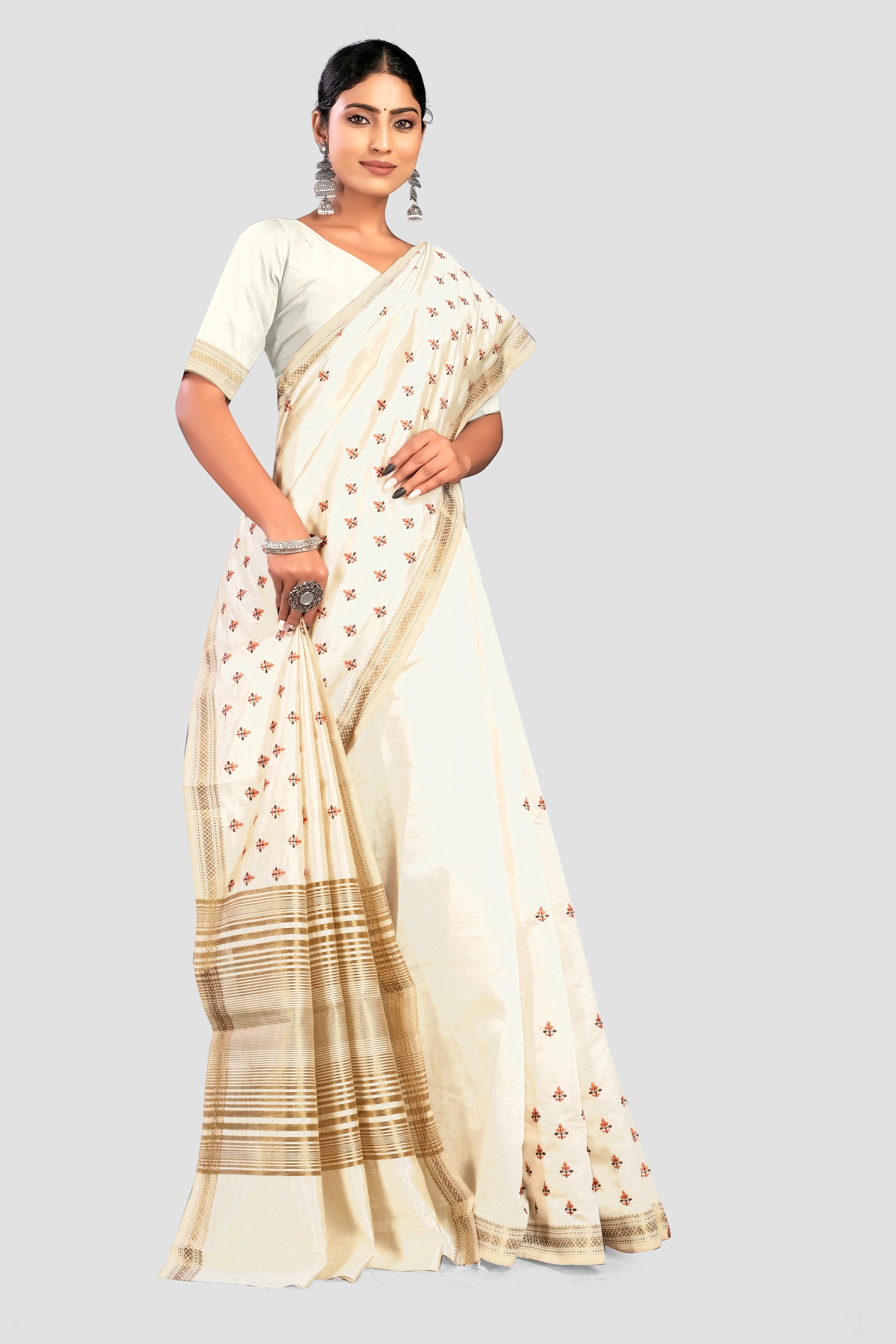 Cream Threadwork Semi Silk Saree 