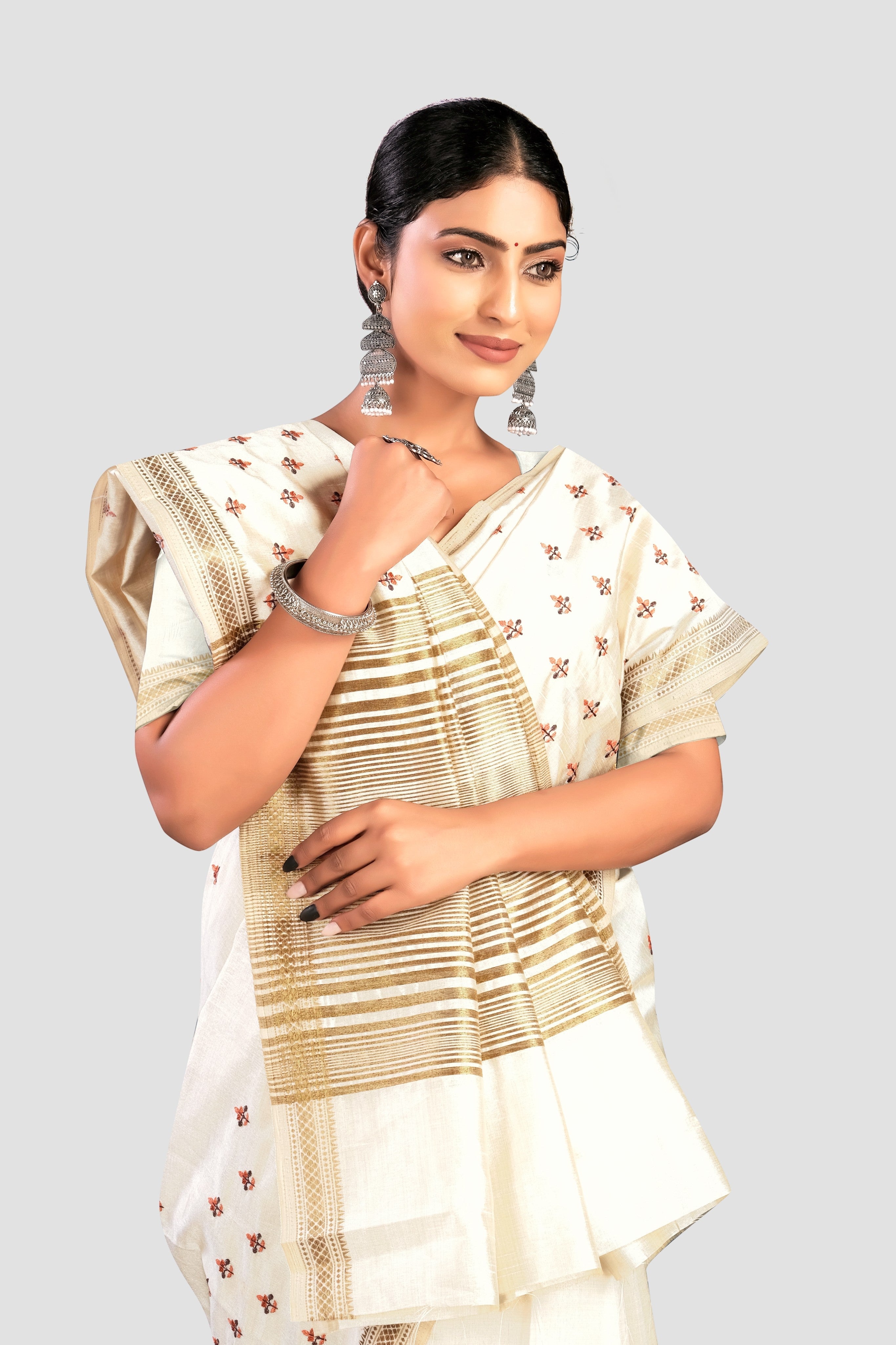 Cream Threadwork Semi Silk Saree 