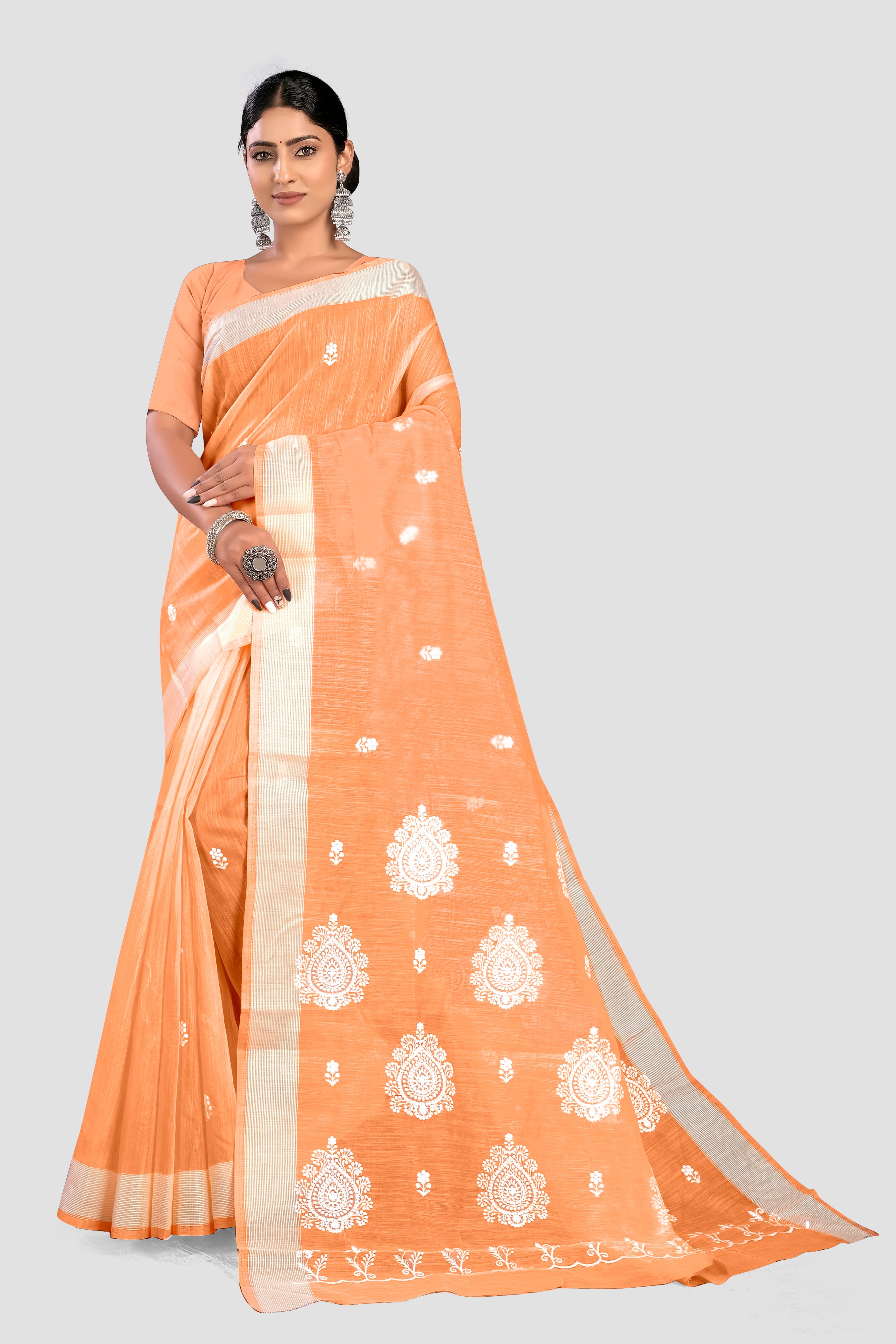 Peach Threadwork Organza Linen Saree 