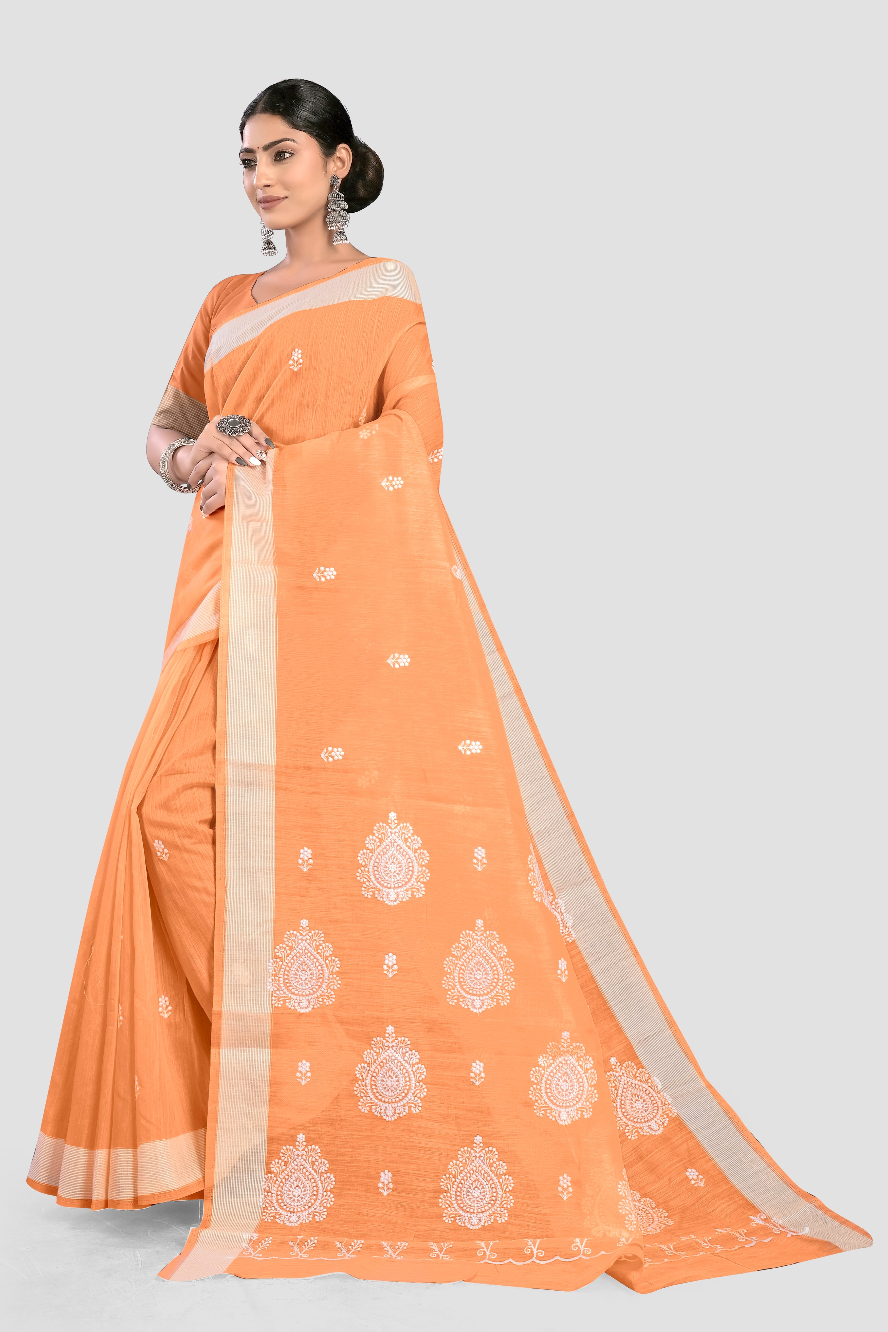 Peach Threadwork Organza Linen Saree 