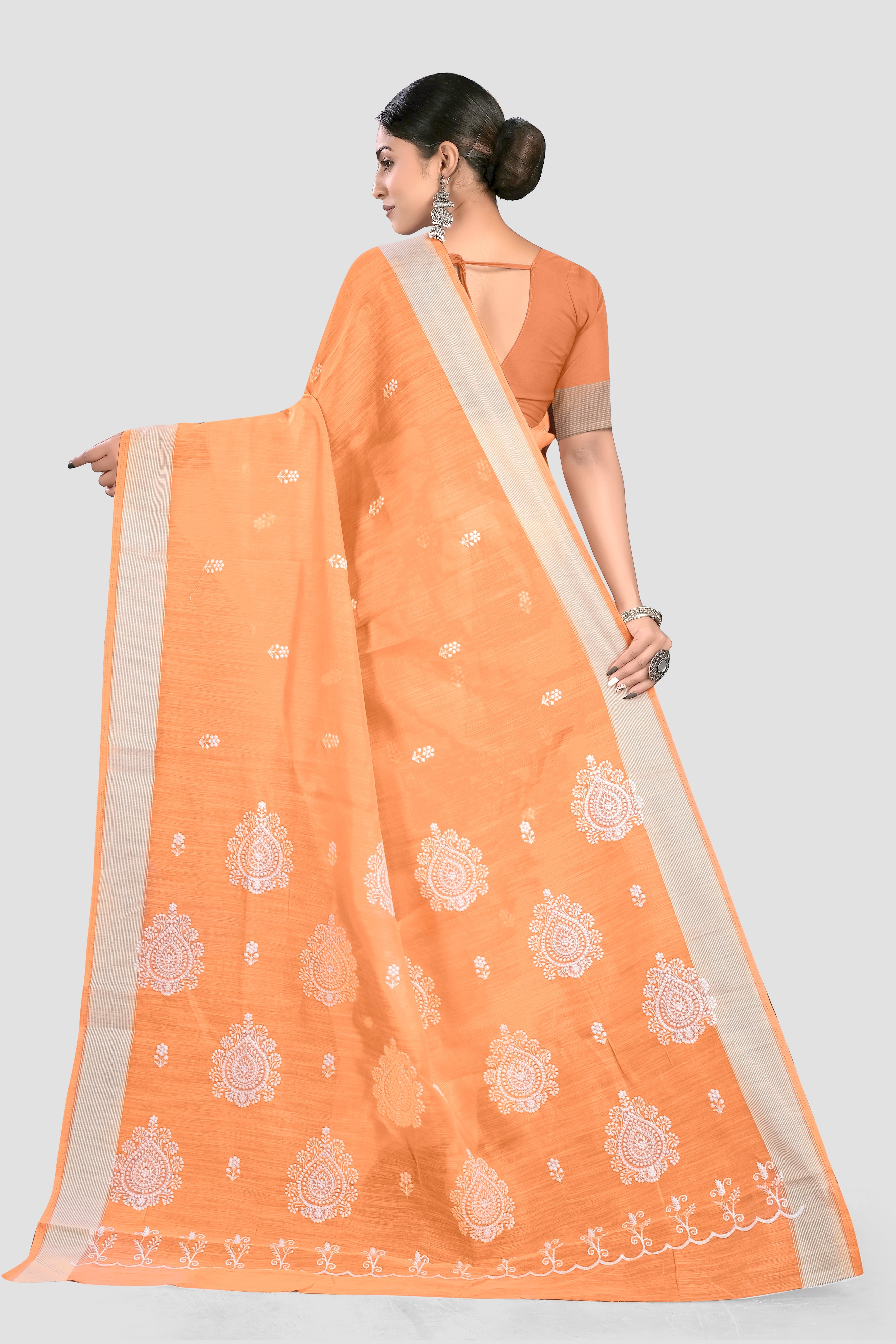 Peach Threadwork Organza Linen Saree 