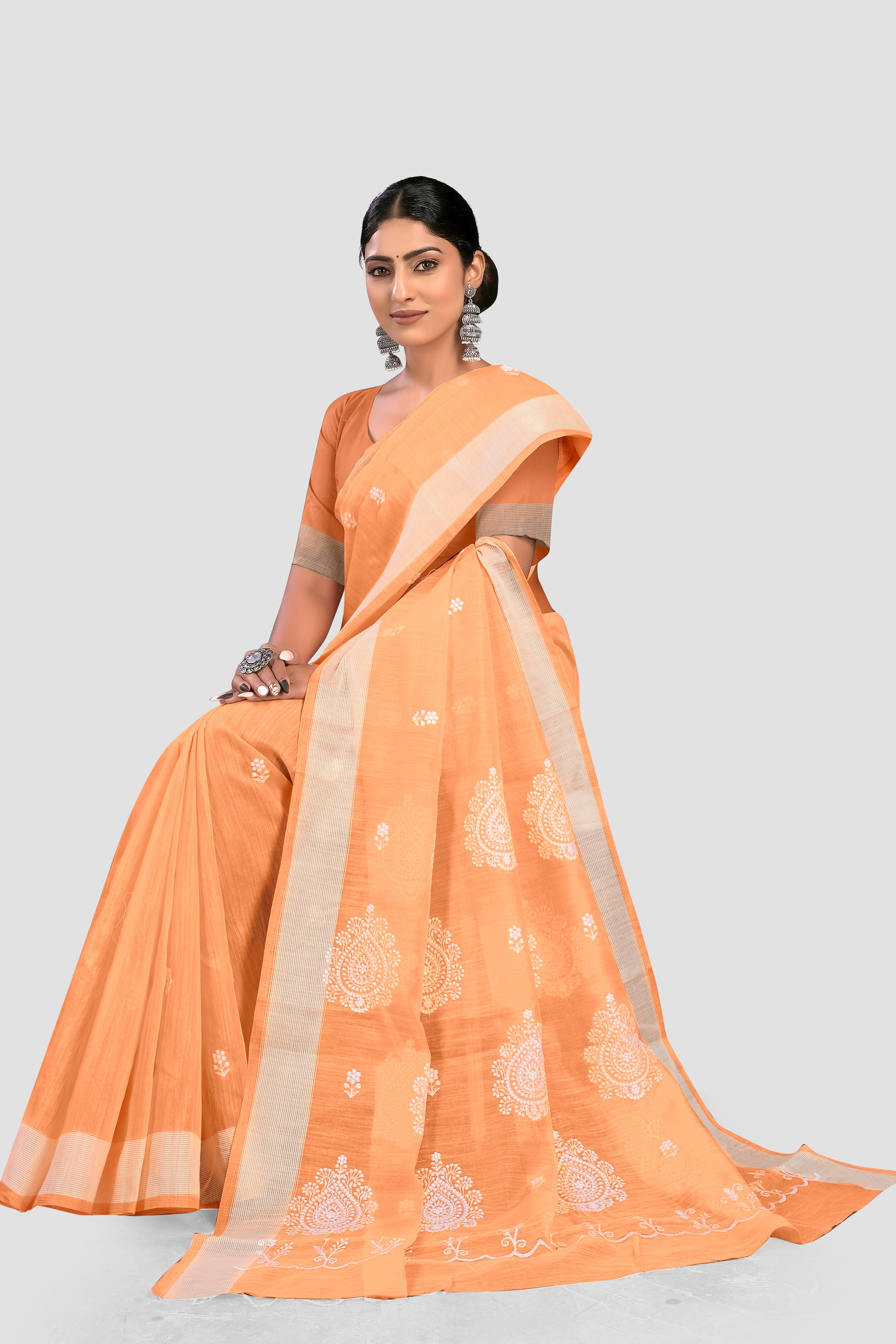 Peach Threadwork Organza Linen Saree 