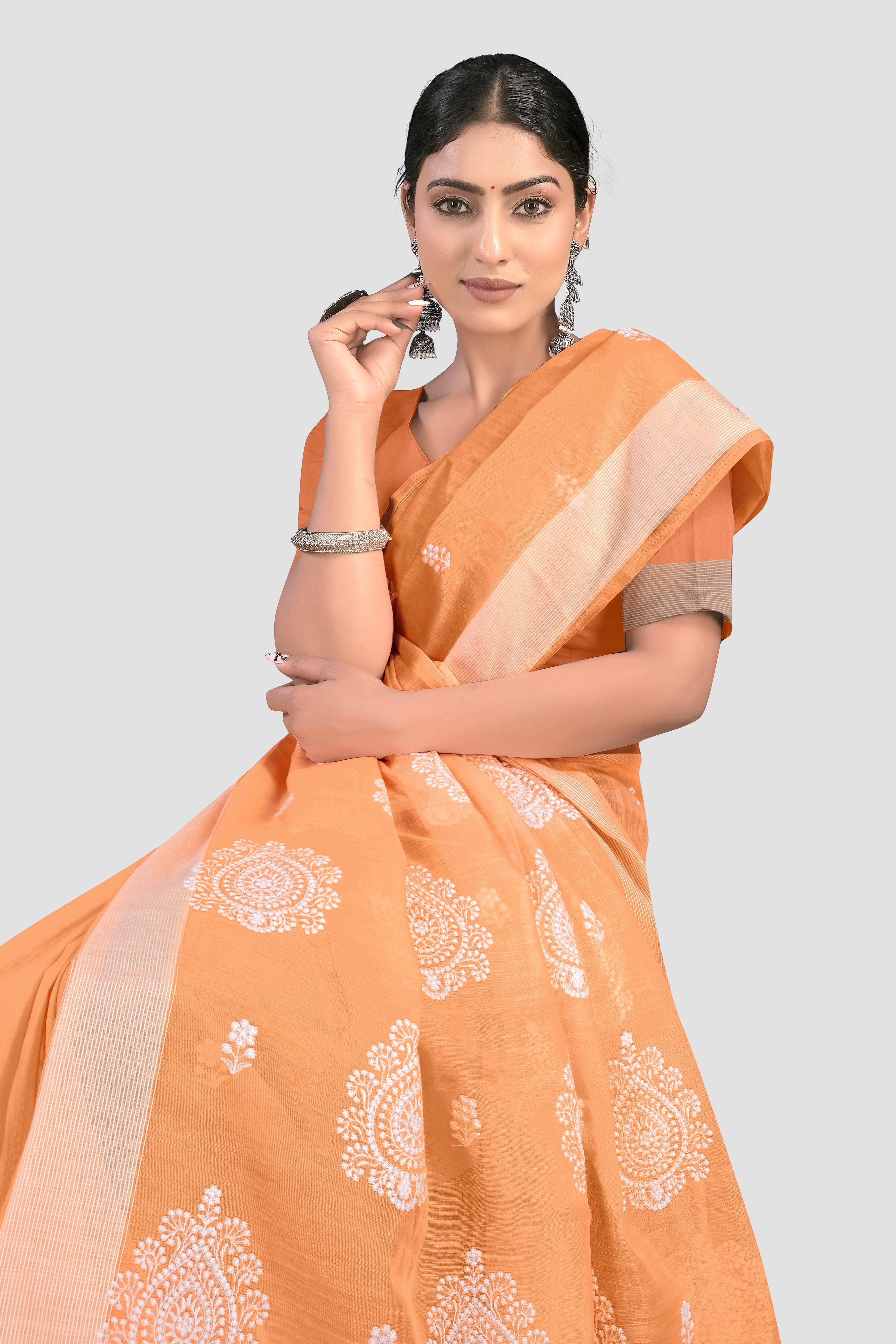 Peach Threadwork Organza Linen Saree 