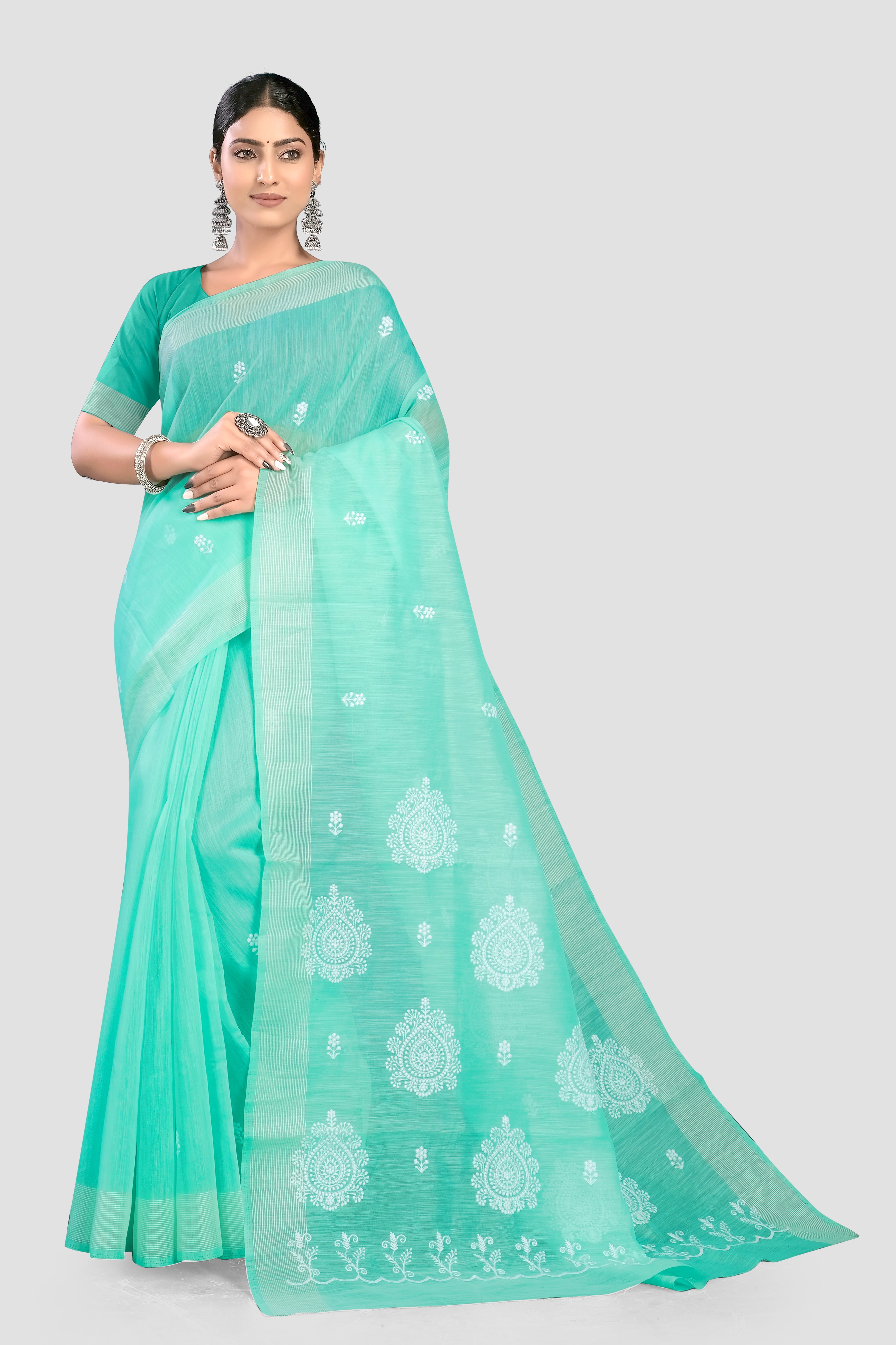 Sea Green Threadwork Linen Saree 