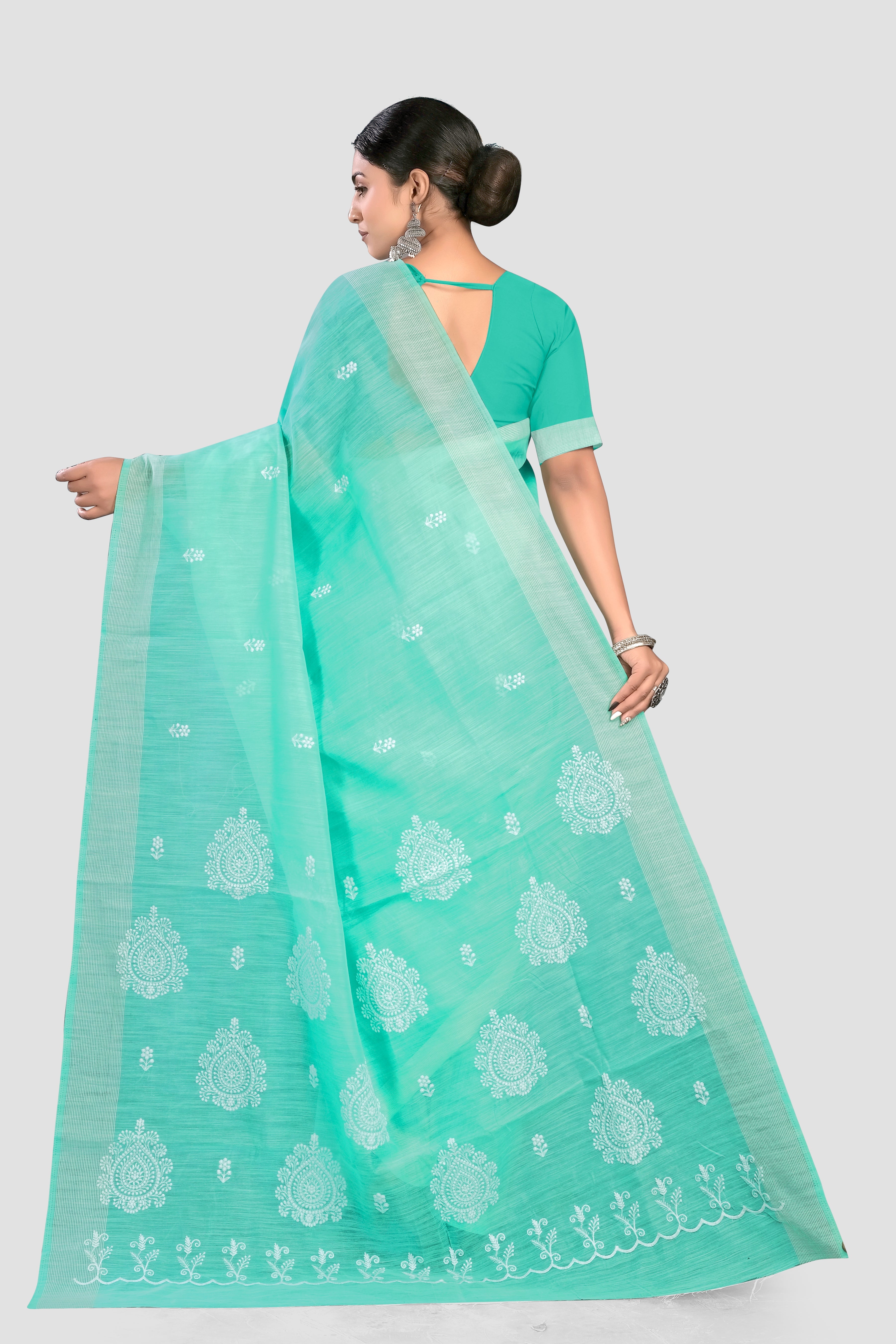 Sea Green Threadwork Linen Saree 