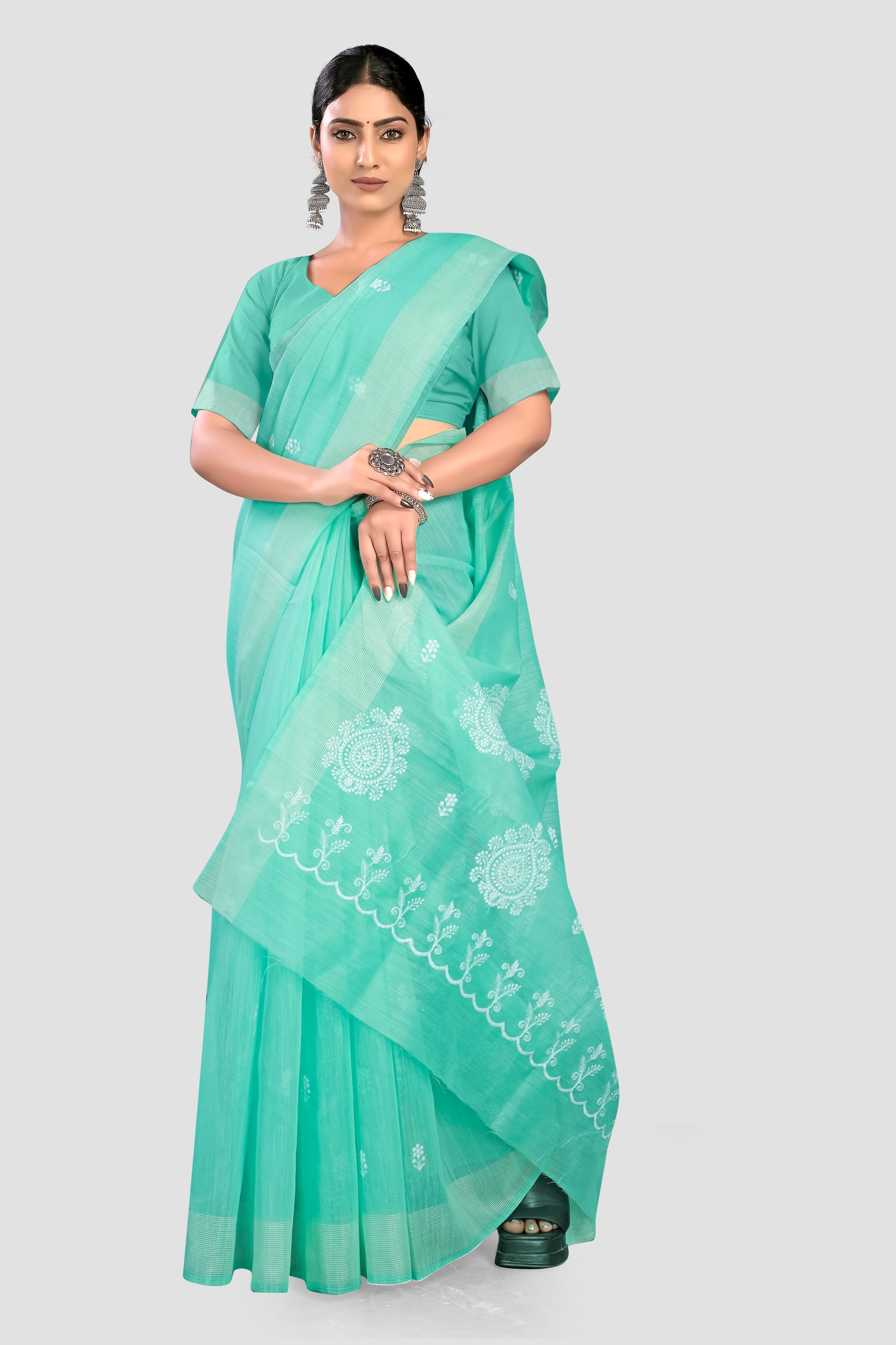 Sea Green Threadwork Linen Saree 
