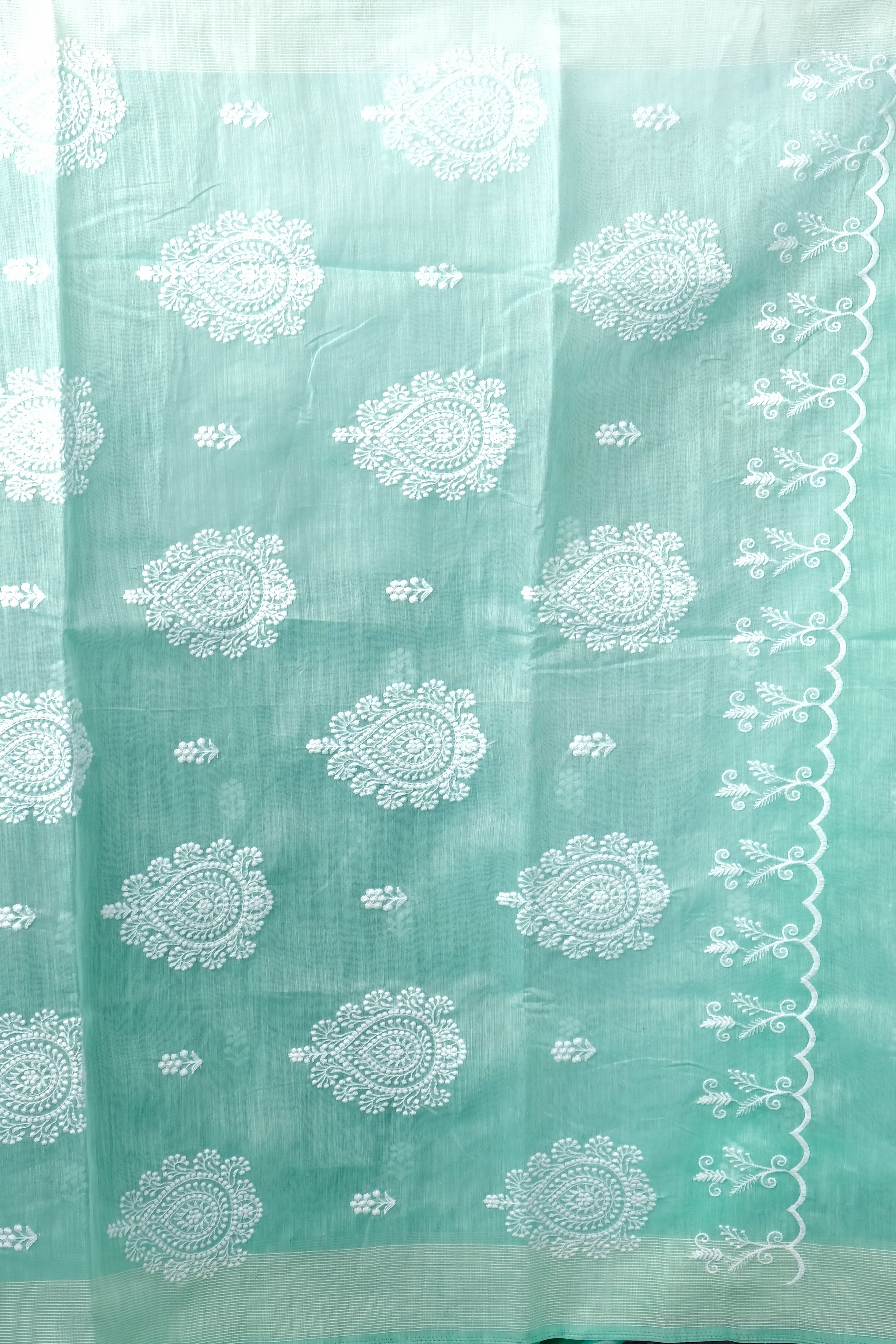 Sea Green Threadwork Linen Saree 