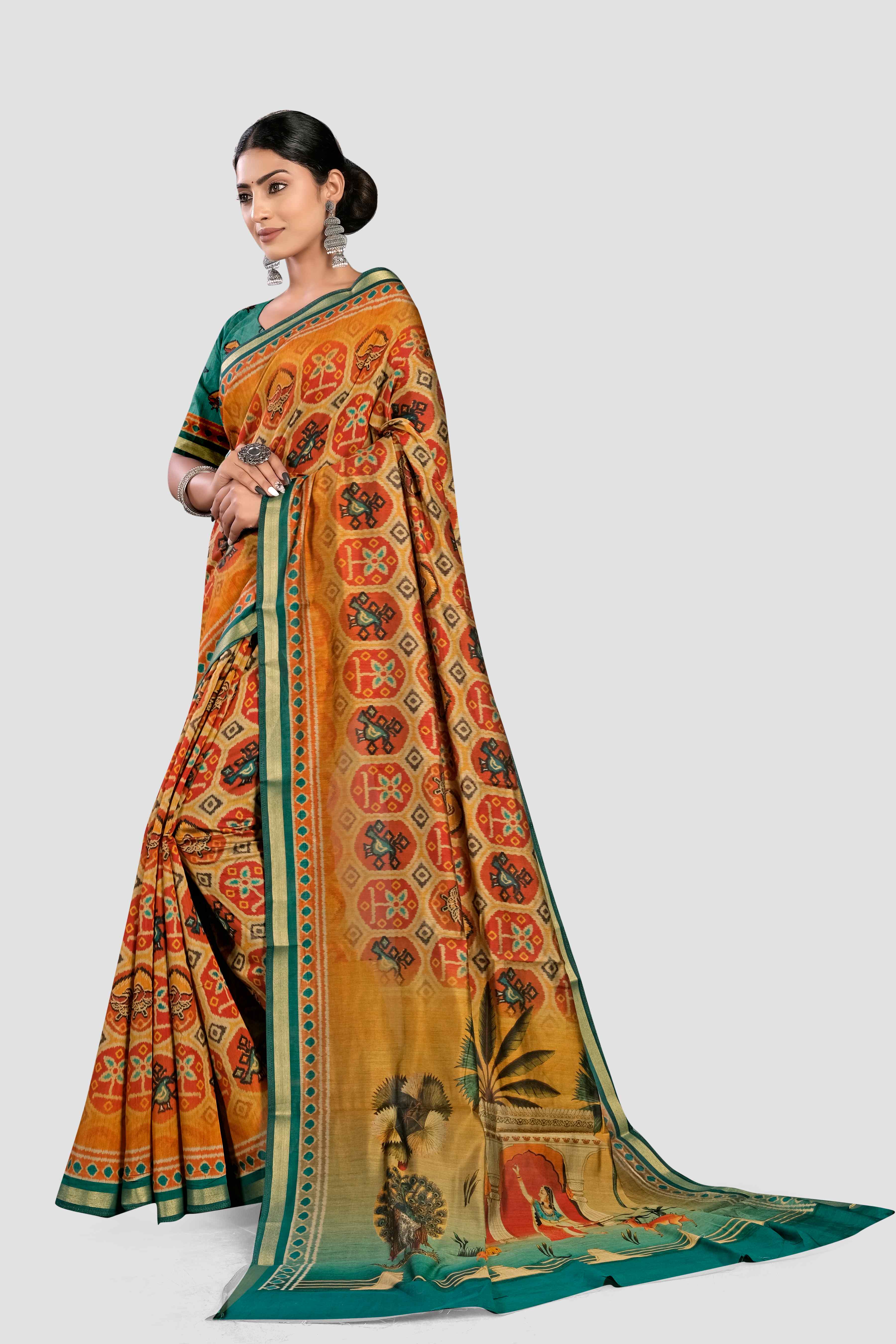 Yellow Kalamkari print Cotton Saree - Kajree