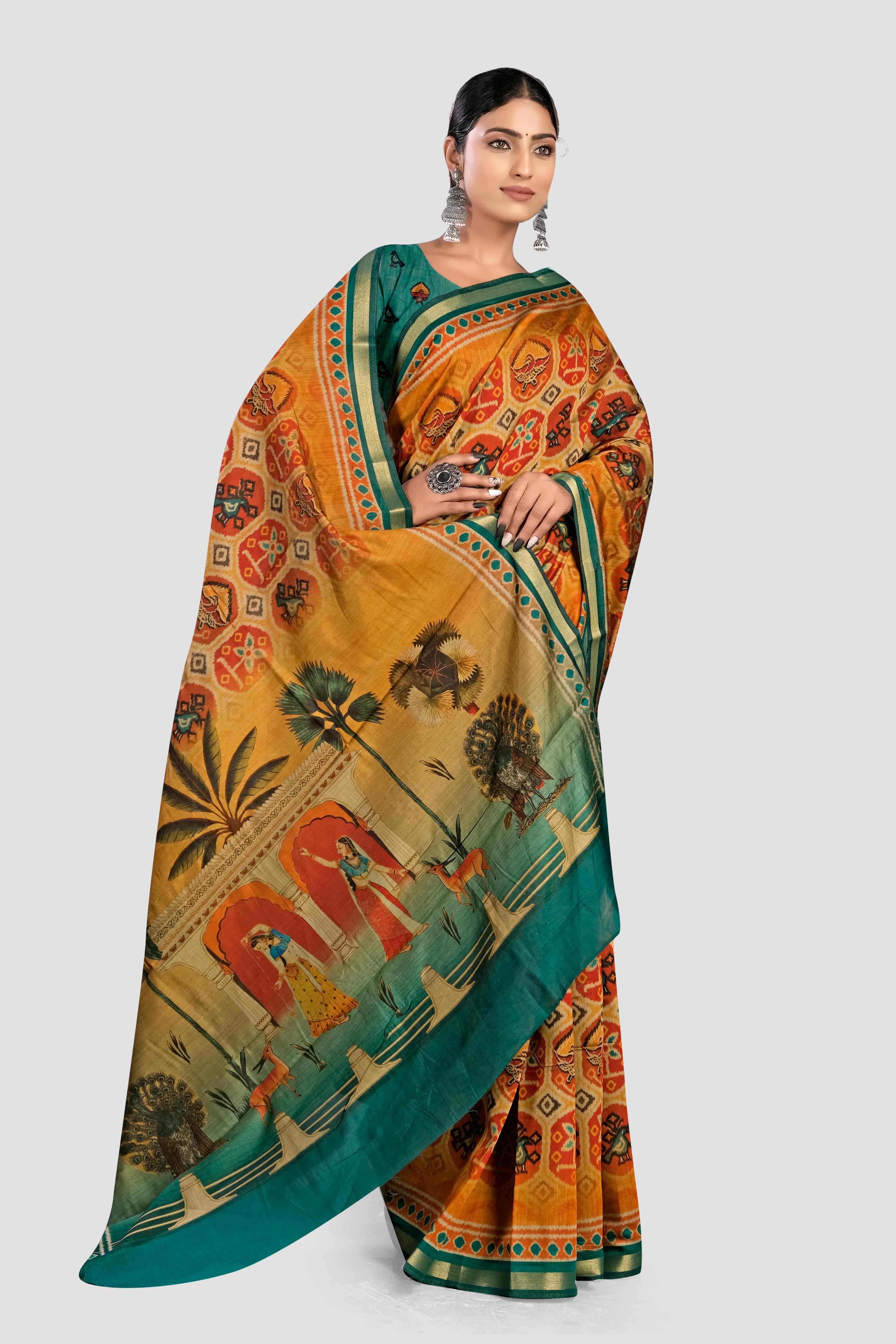 Yellow Kalamkari print Cotton Saree - Kajree