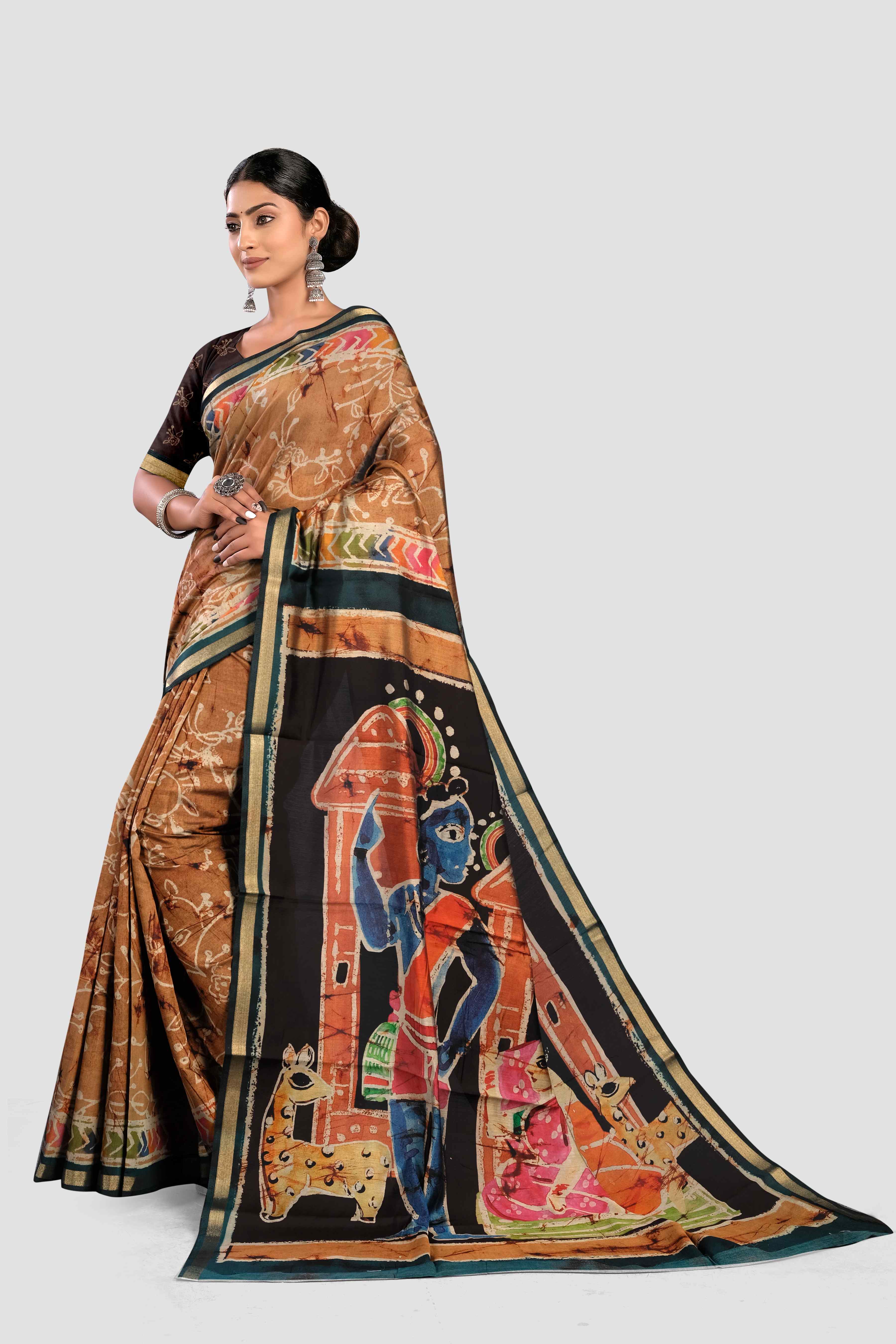 Mustard Kalamkari print Cotton Saree - Kajree  