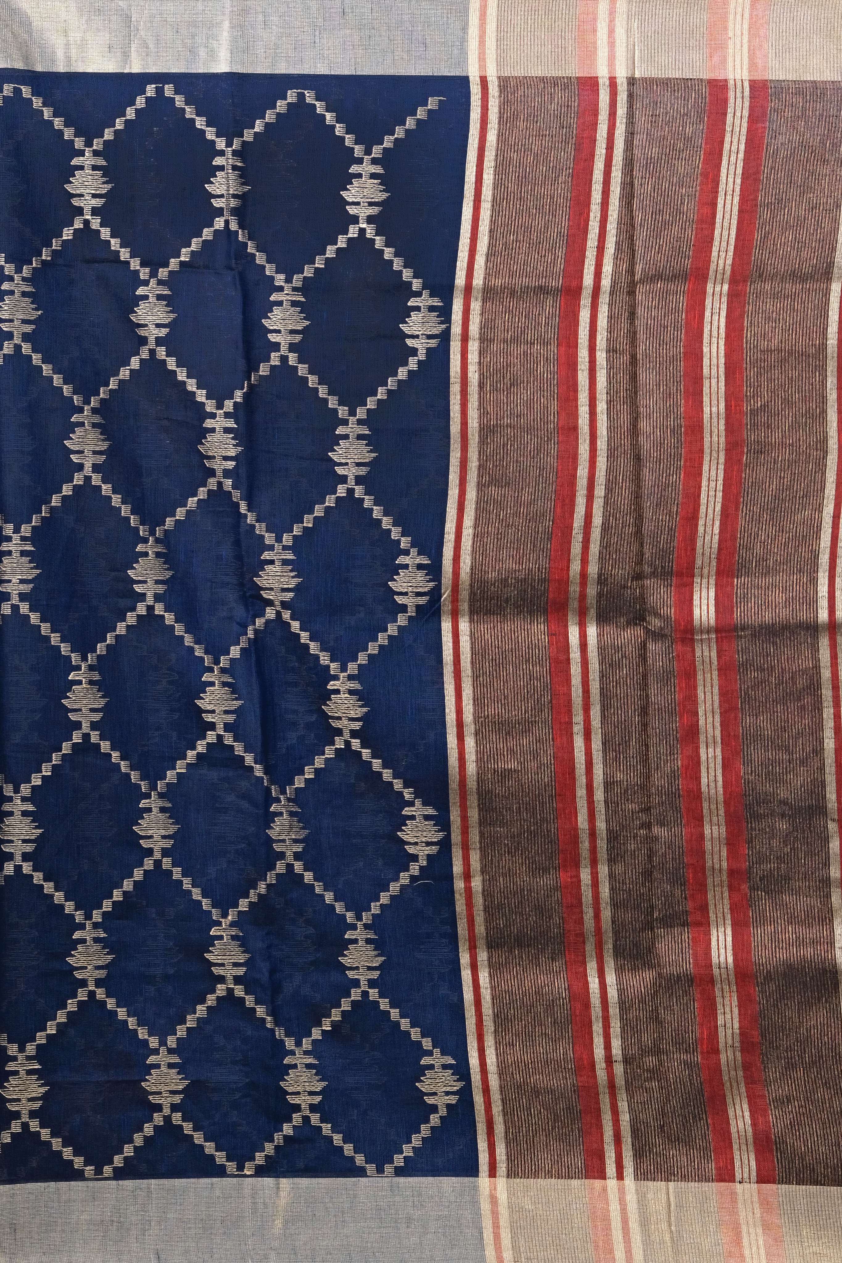 Blue Thread and Zariwork Linen Saree - KAJREE