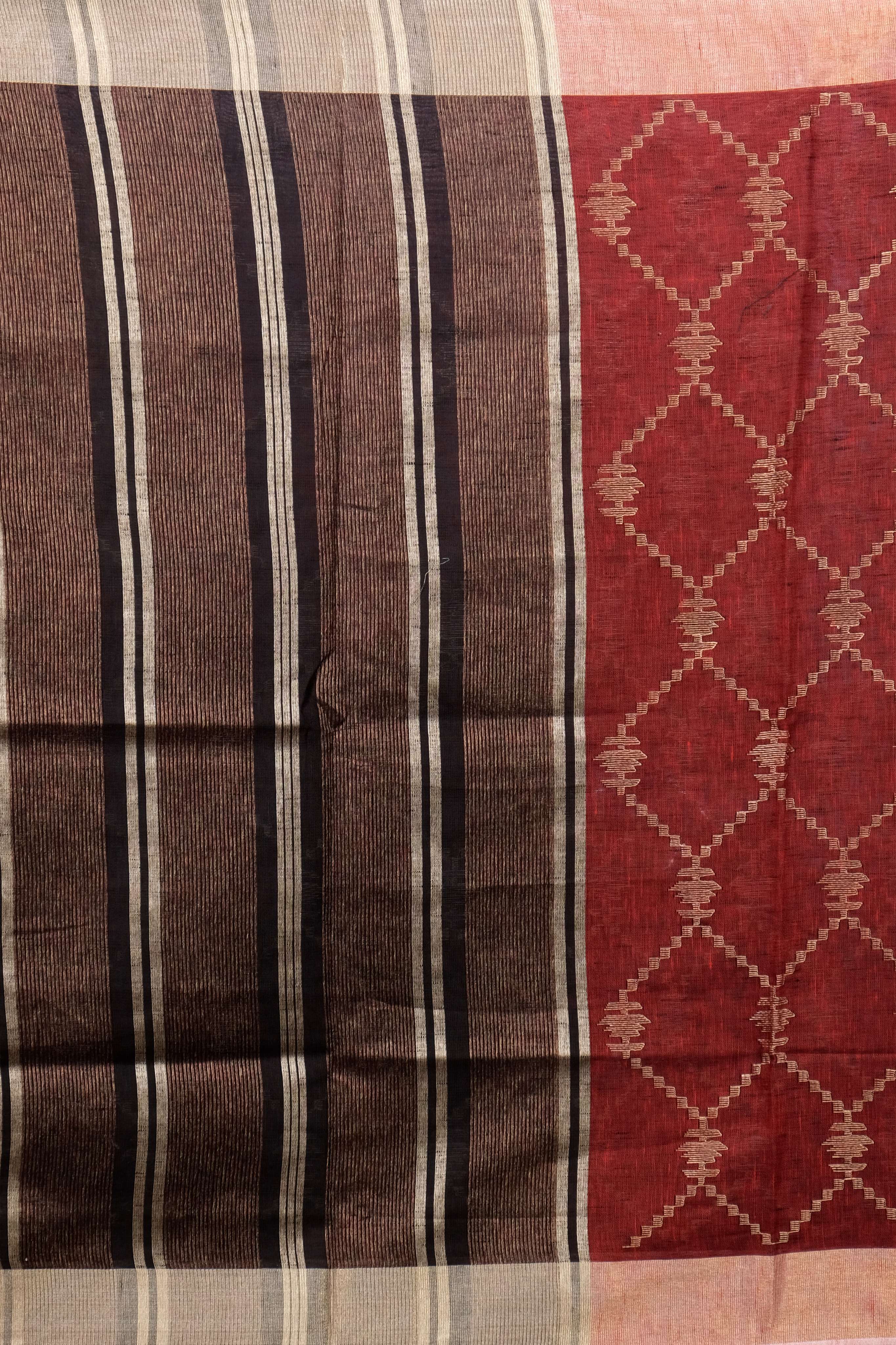 Red Thread and Zariwork Linen Saree - KAJREE