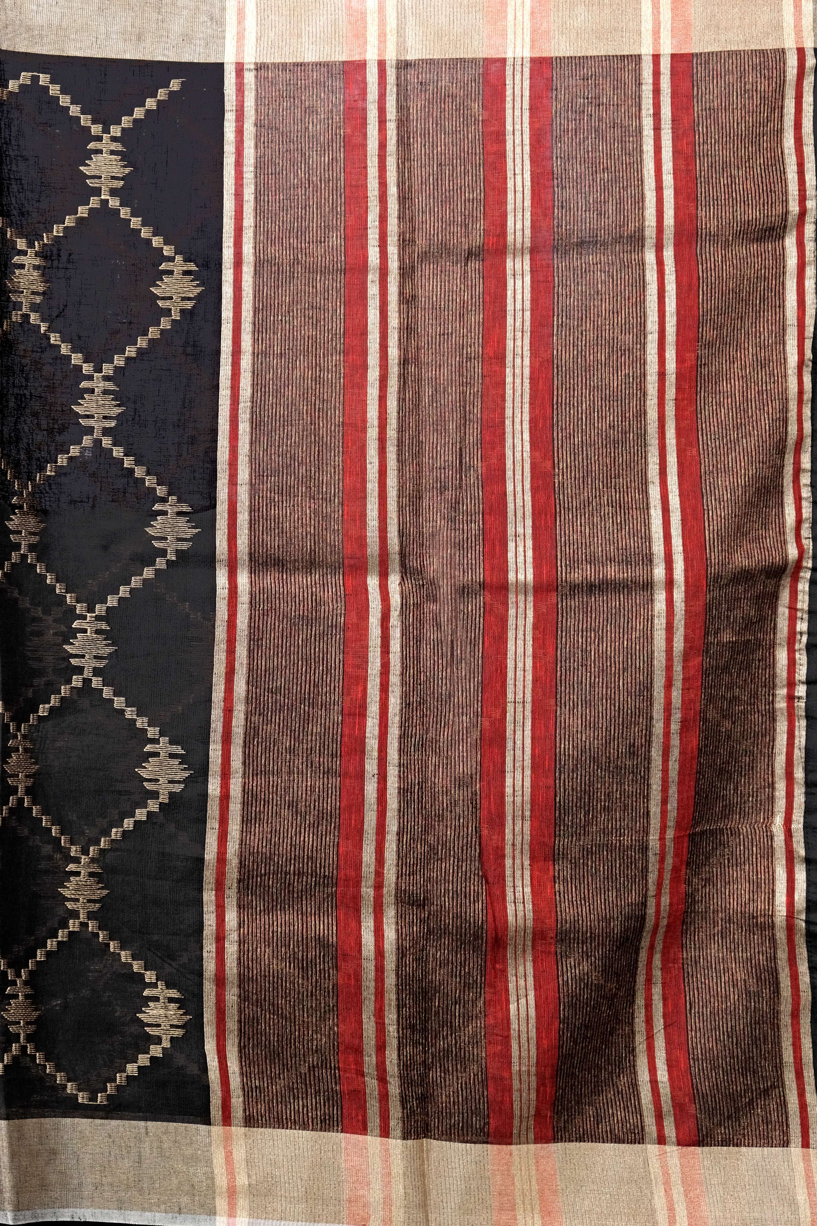 Black Thread and Zariwork Linen Saree - KAJREE