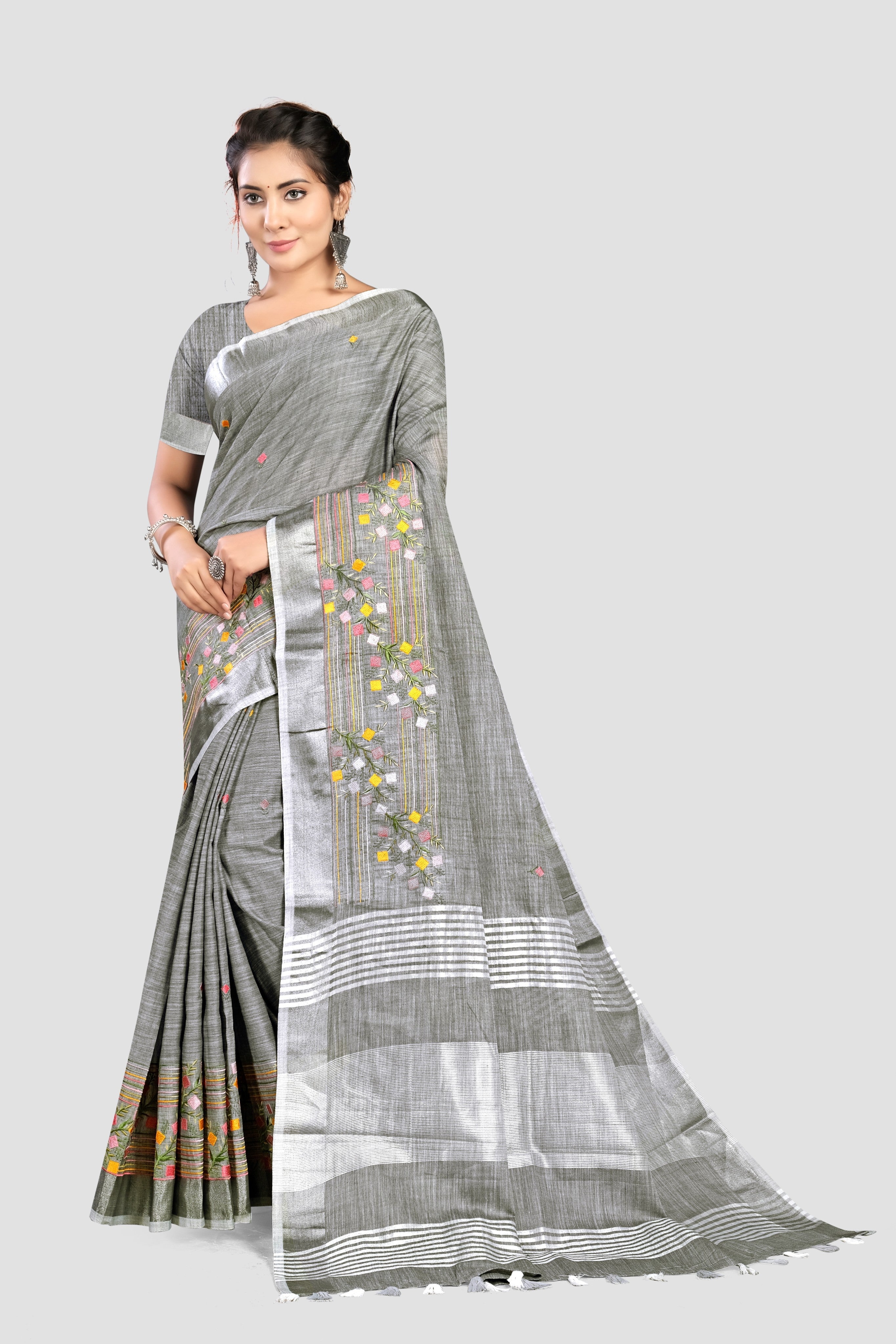 Grey Threadwork Linen Saree 