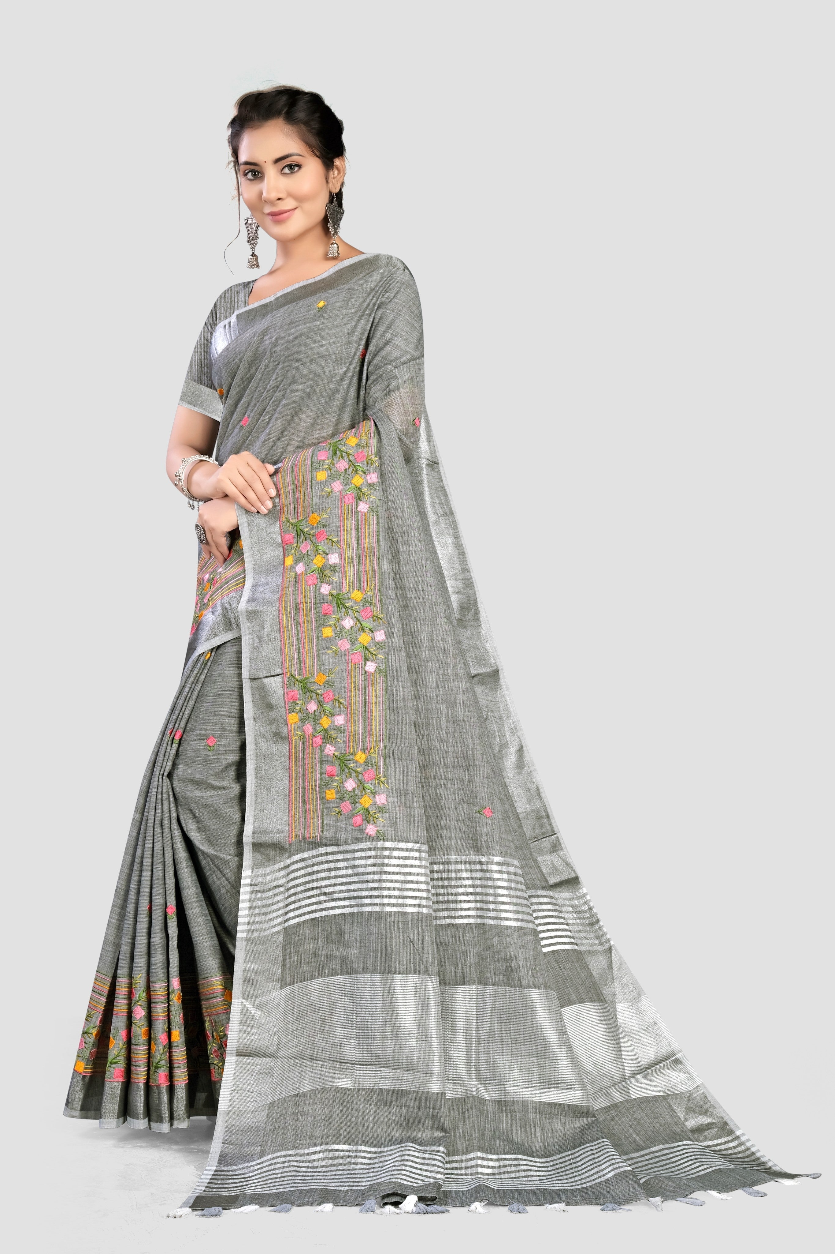 Grey Threadwork Linen Saree 