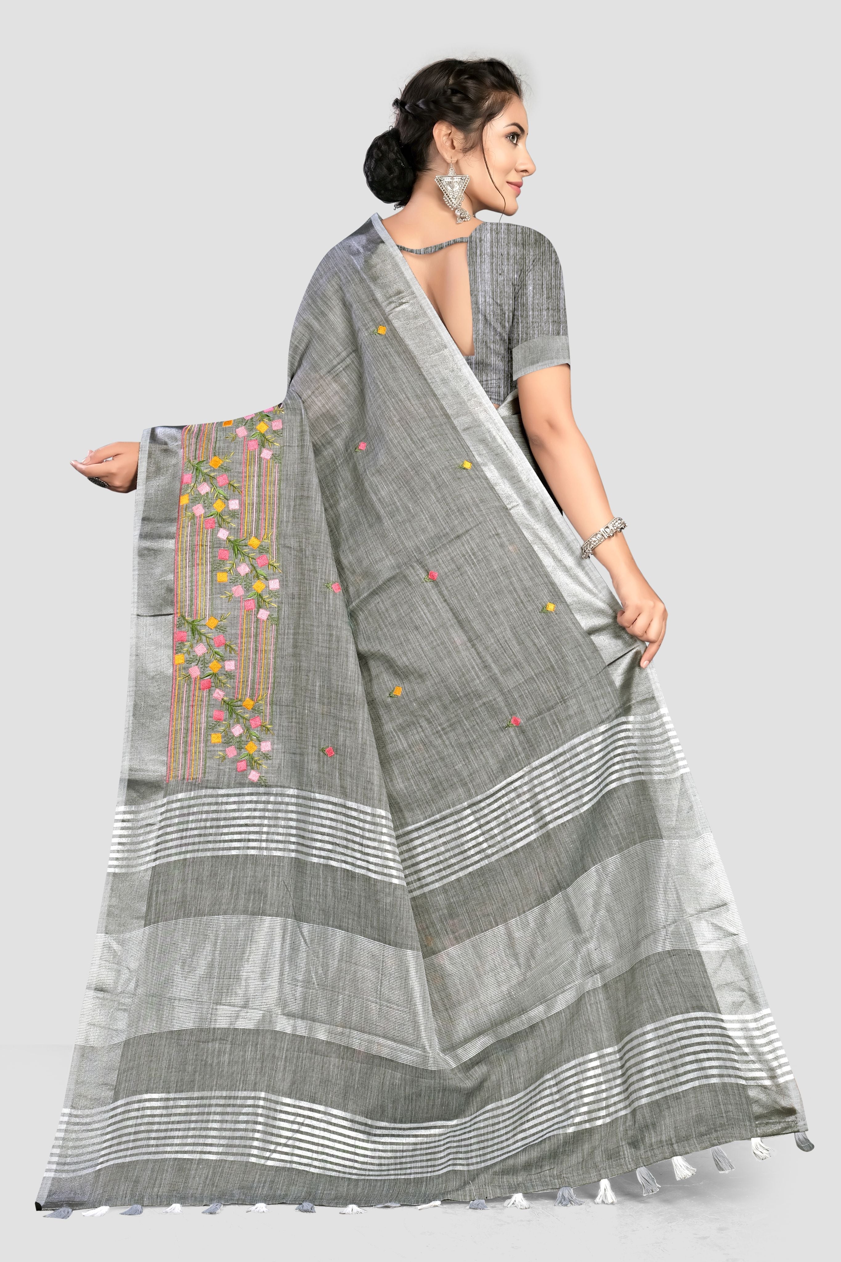 Grey Threadwork Linen Saree 