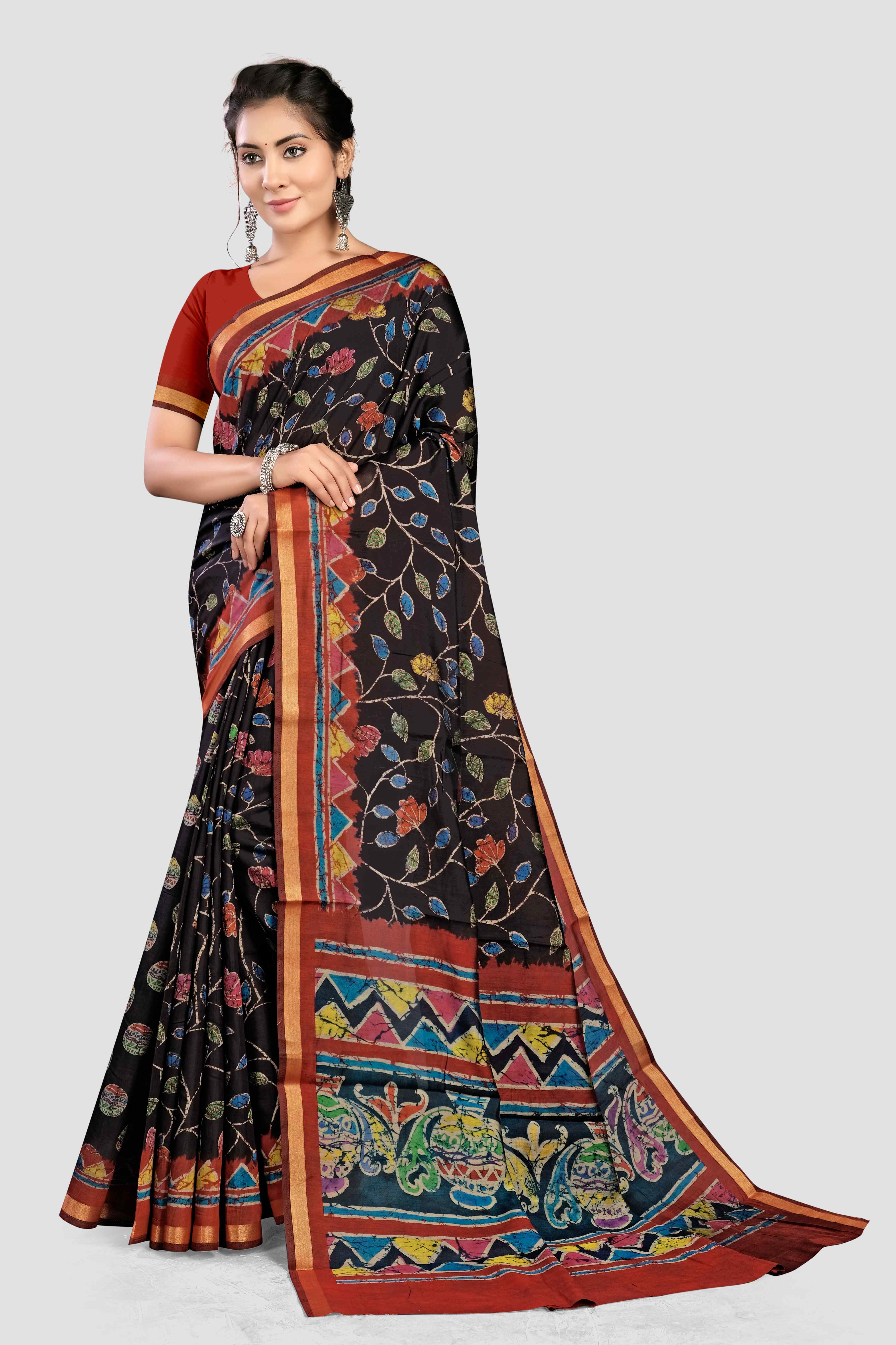 Navy Blue Kalamkari print Cotton Saree 