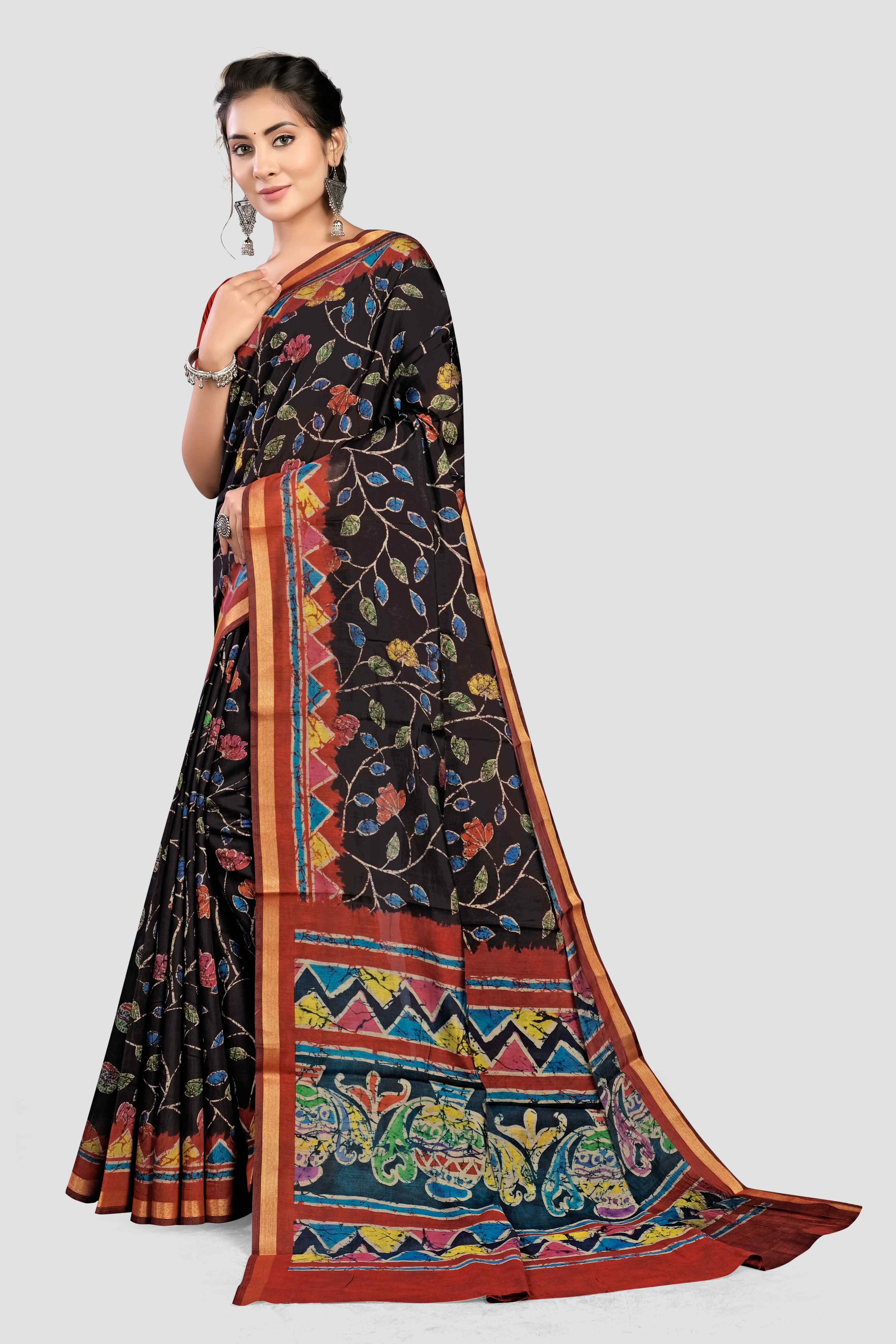 Navy Blue Kalamkari print Cotton Saree 
