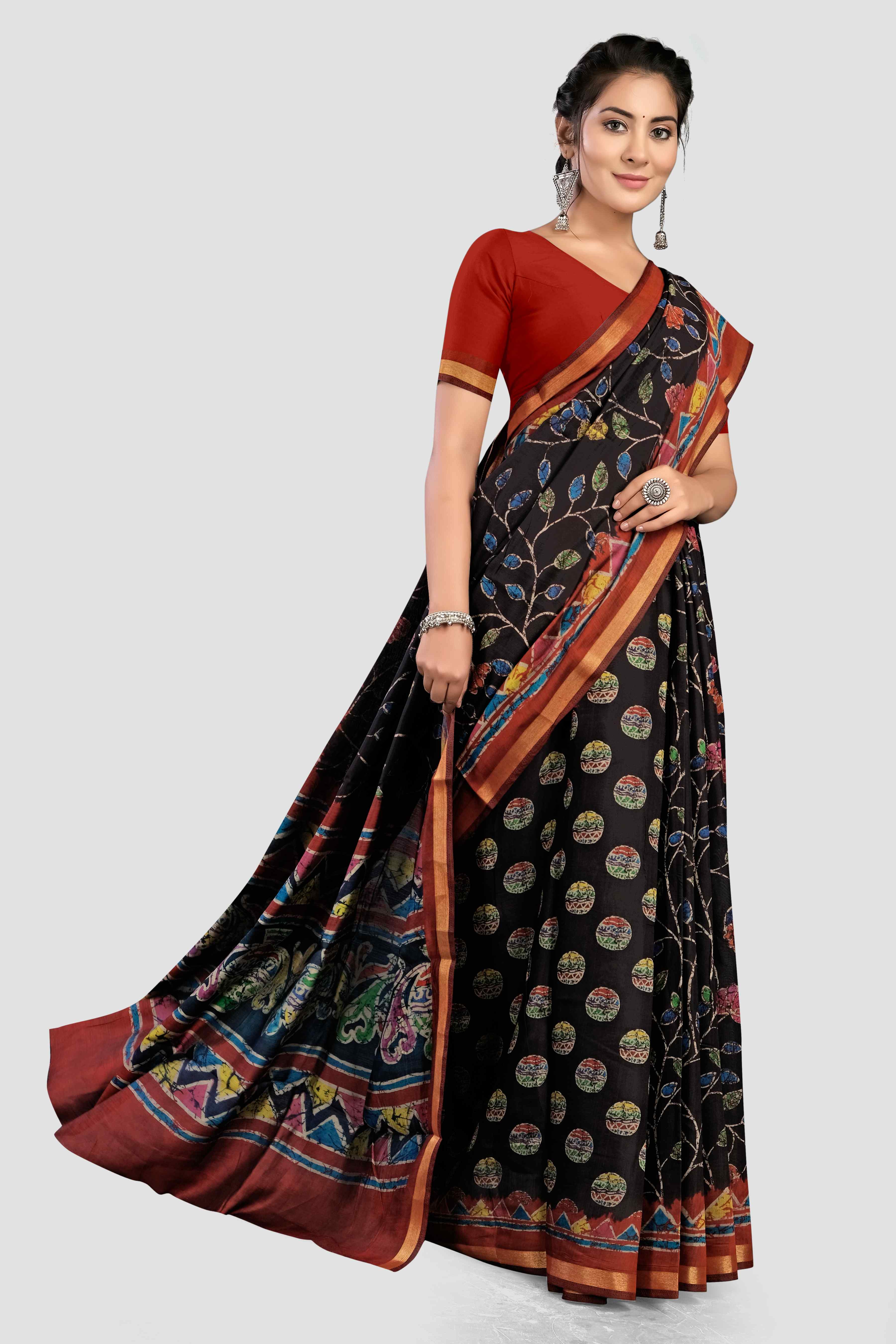 Navy Blue Kalamkari print Cotton Saree 