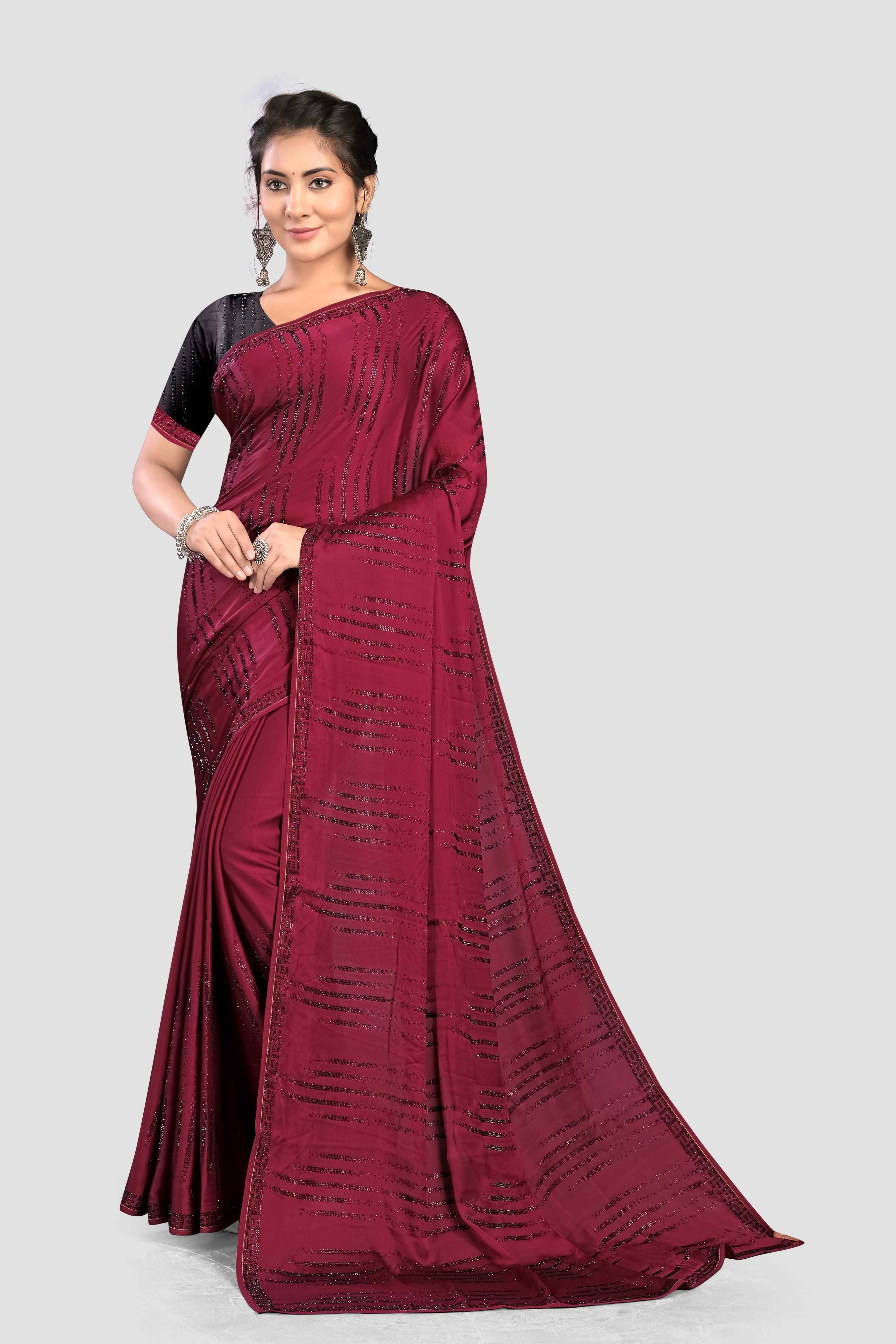 Wine Stonework Satin Saree - Kajree